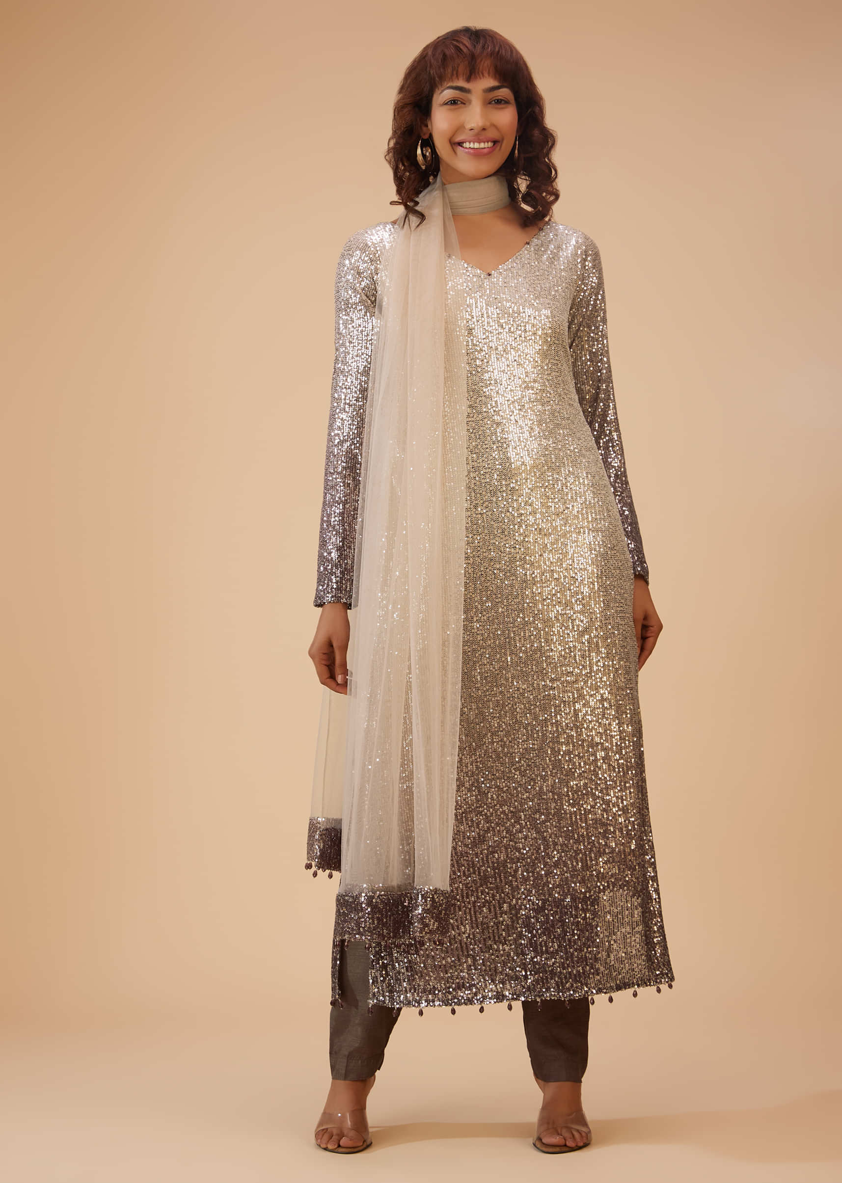 Kalki Pant Suit Set In Sequins And Acorn Brown And Silver Gradient Shade 