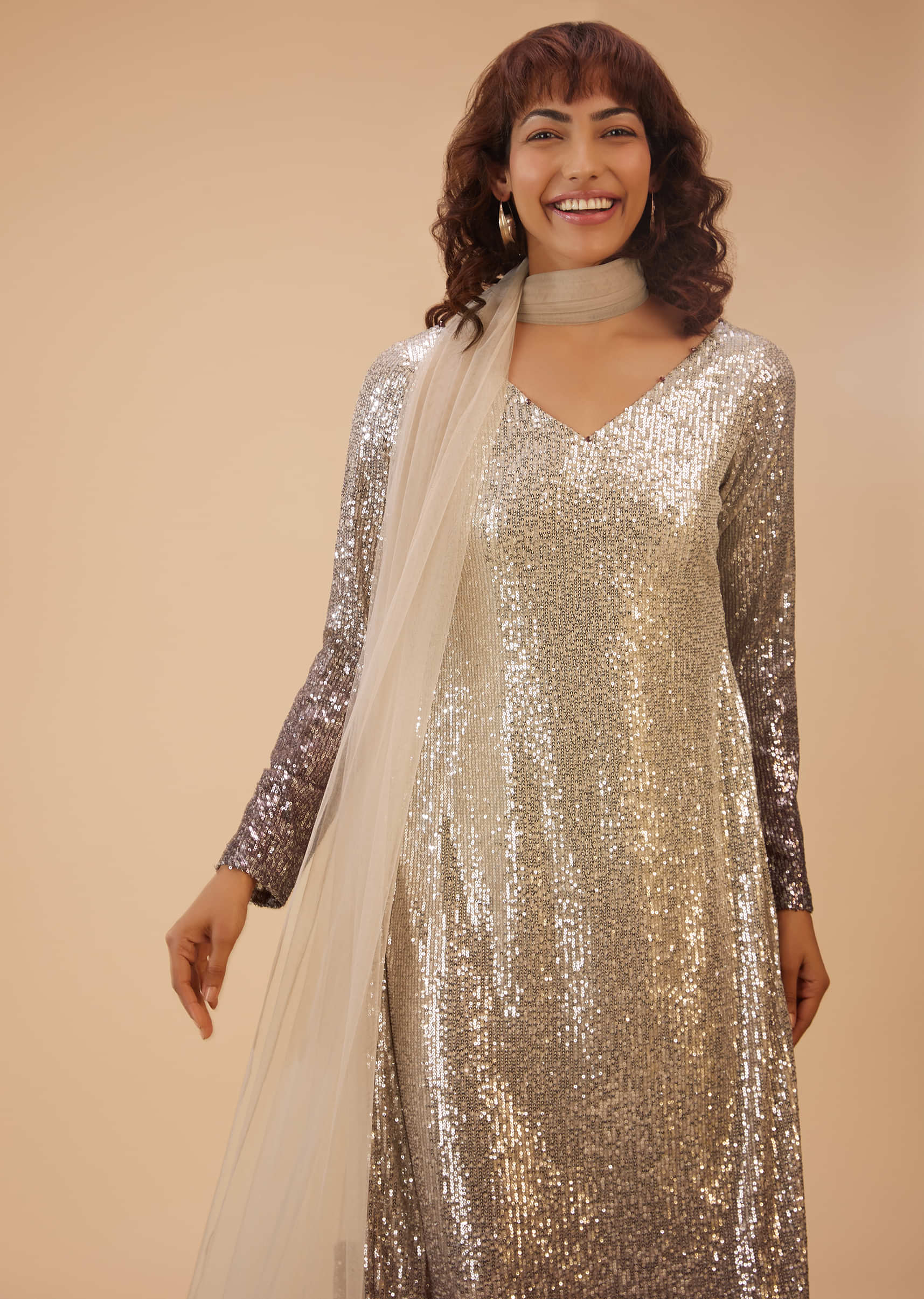 Coffee Brown And Silver Gradient Shade Pant Suit Set In Sequins