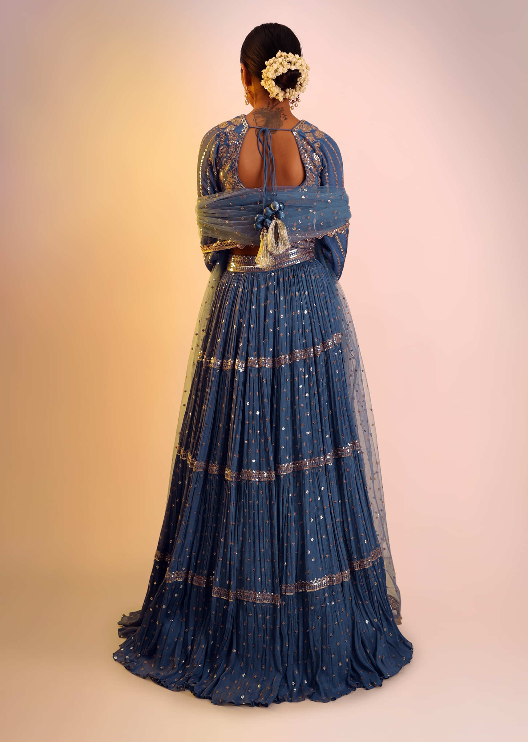 Parisian Blue Lehenga And Full Sleeves Choli With Sequins And Zari Embroidery