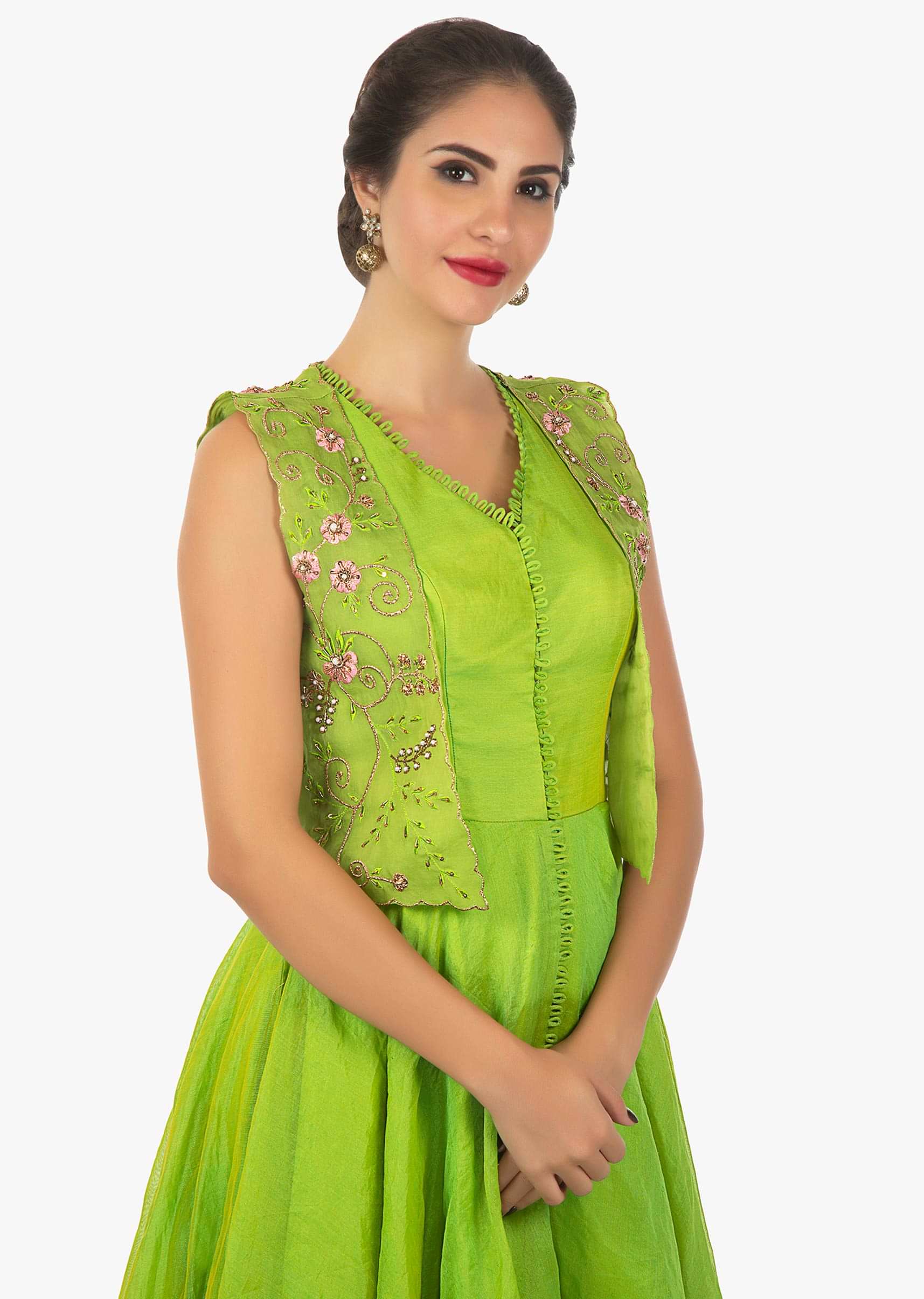 Parrot green anarkali dress paired with a floral resham jacket