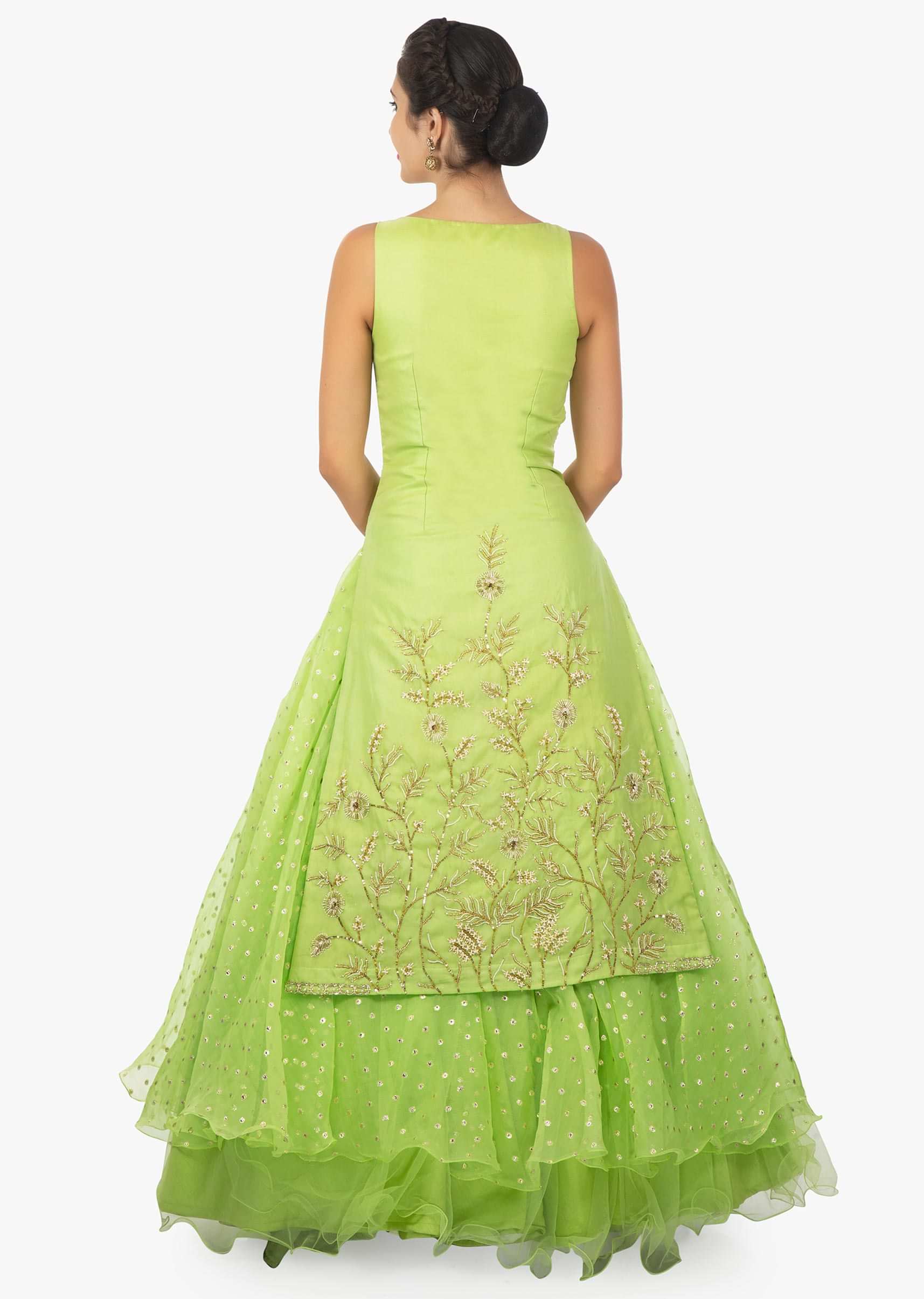 Parrot Green Lehenga In Chanderi Silk With Organza Silk Long Kurti Online - Kalki Fashion