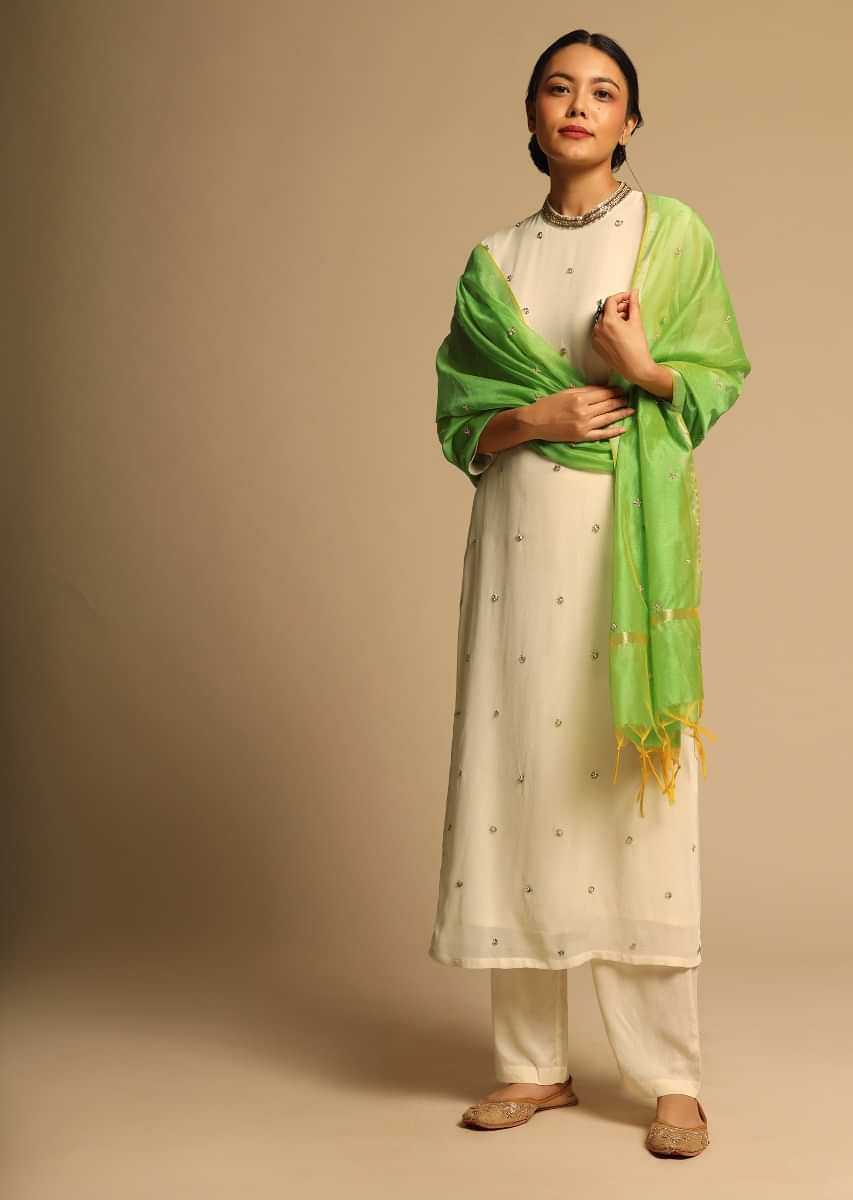 Parrot Green Dupatta In Chanderi With Sequins Embroidered Floral Buttis Online - Kalki Fashion