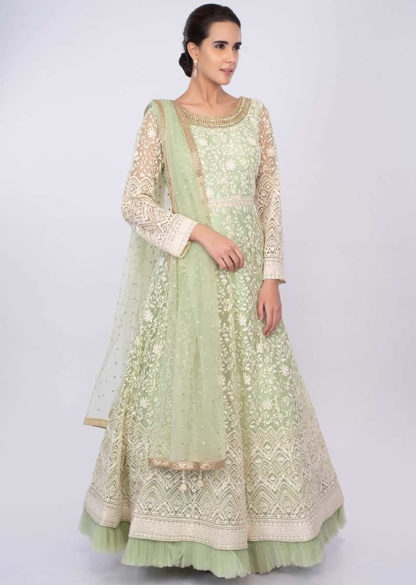 Parrot green  net anarkali with thread jaal embroidery only on kalki