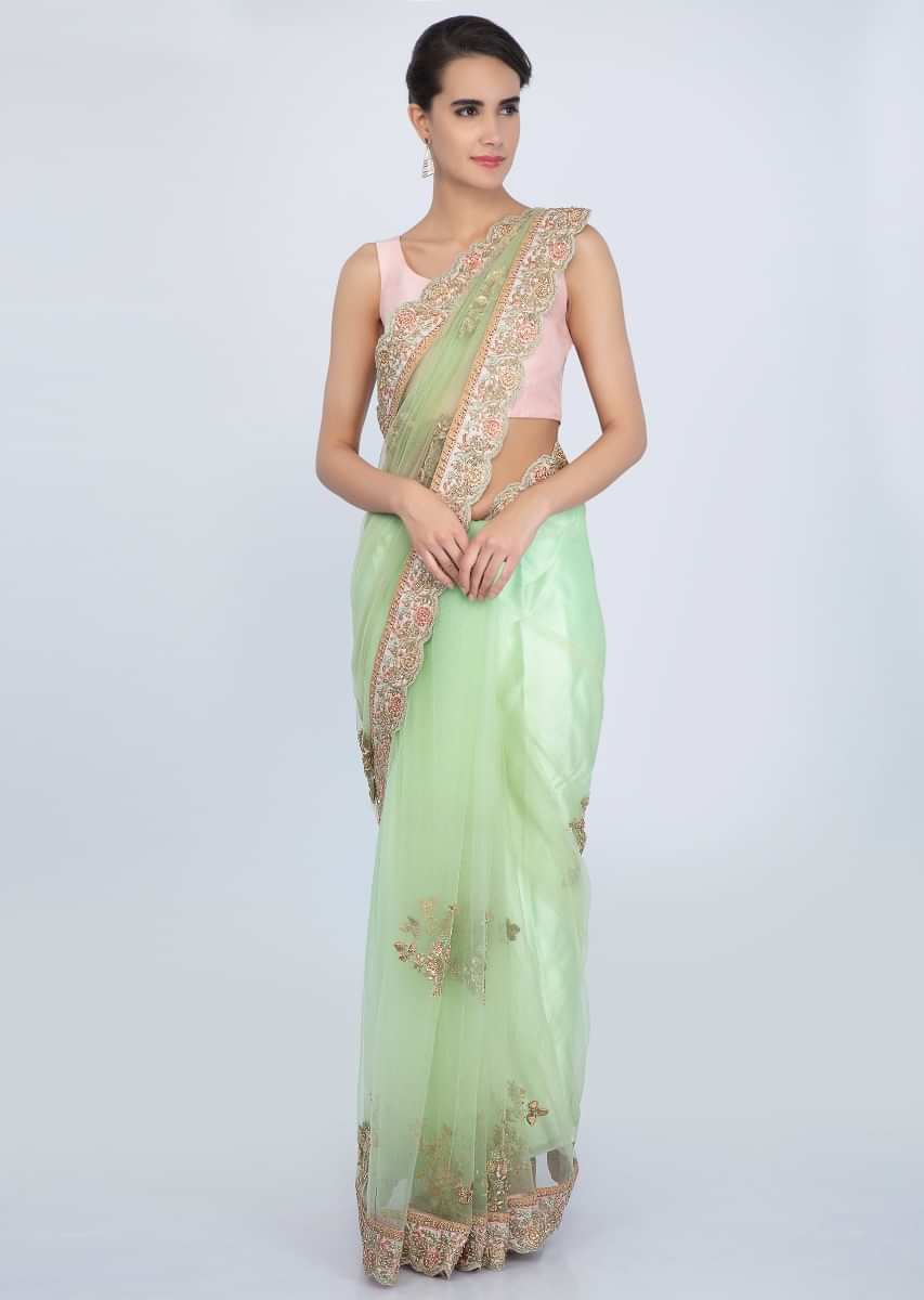 Parrot Green Saree In Net With Contrasting Pink Scallop Embroidered Border Online - Kalki Fashion