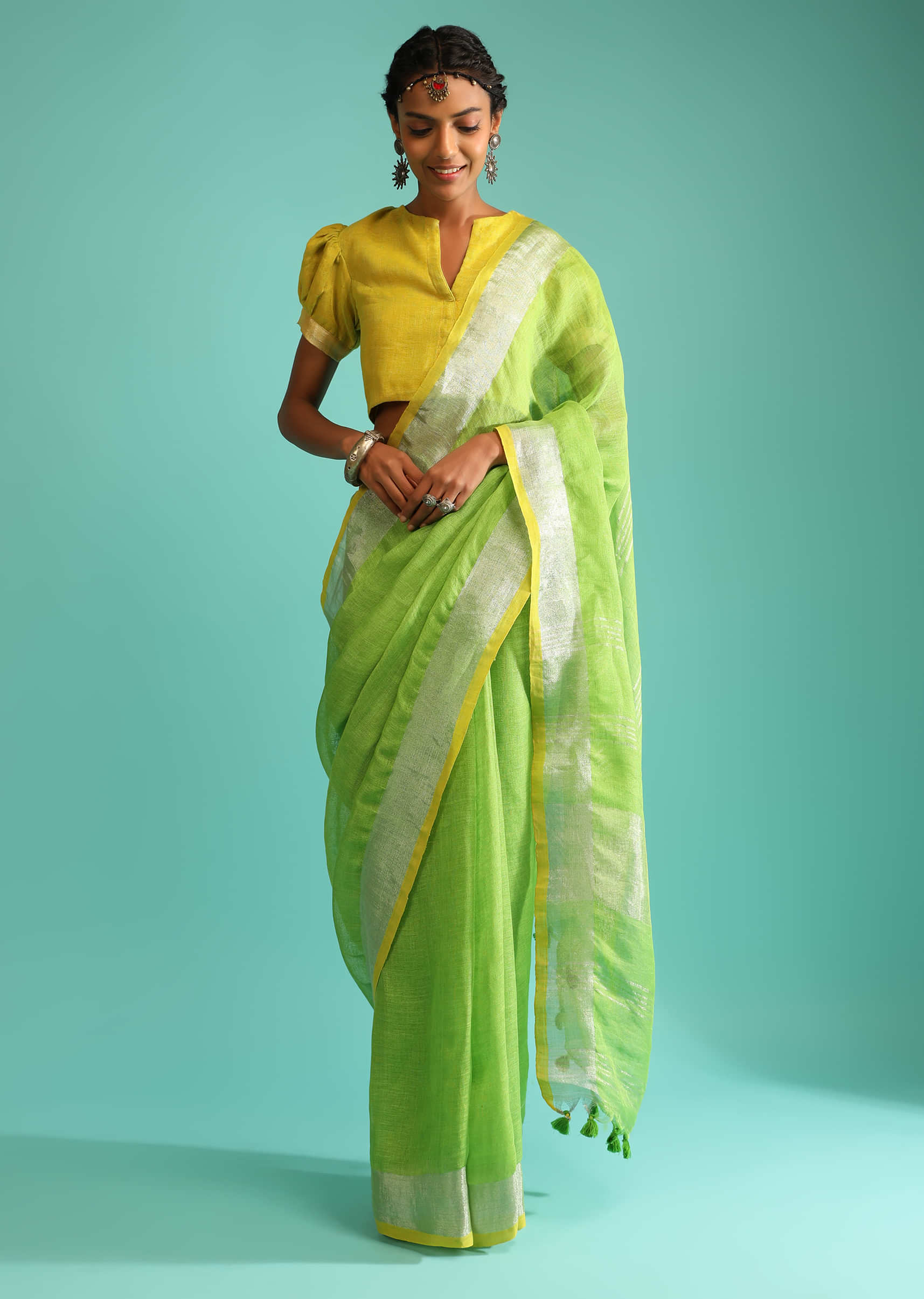 Sea Green Kanjivaram Silk Saree With Floral Design | Singhania's