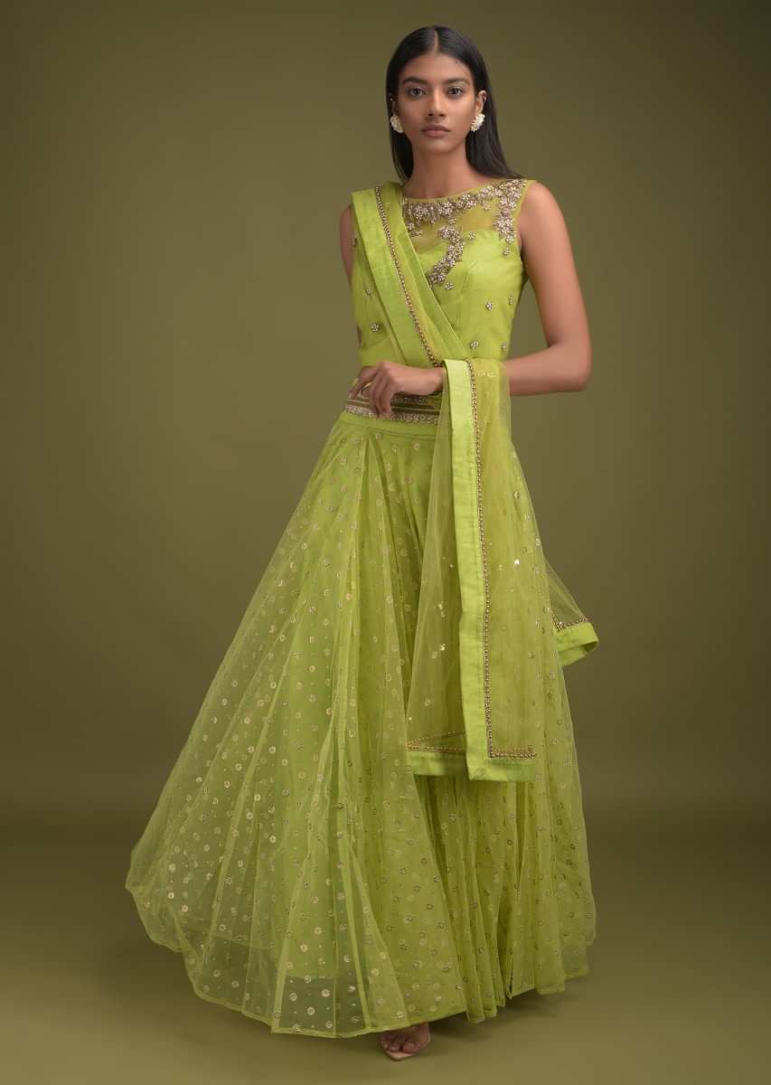 Awesome Parrot Green Embroidered Mid-Rise Net Lehenga [Prepaid Orders –  Label Aarna