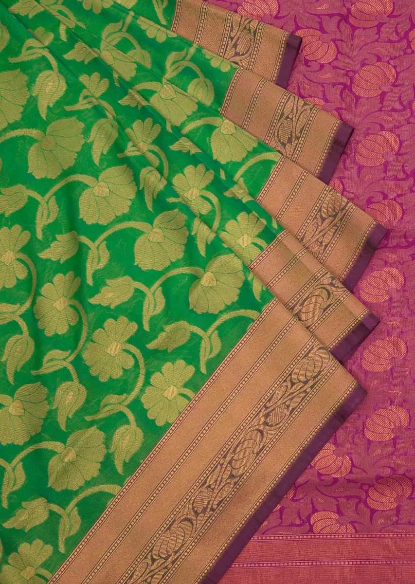 Parrot green saree in silk with contrast border only on Kalki