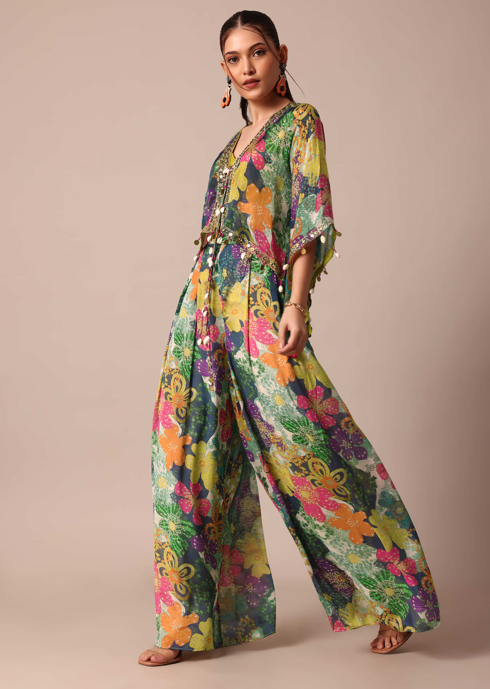 Girls Multicolor Crop Top And Palazzo Set With Long Shrug