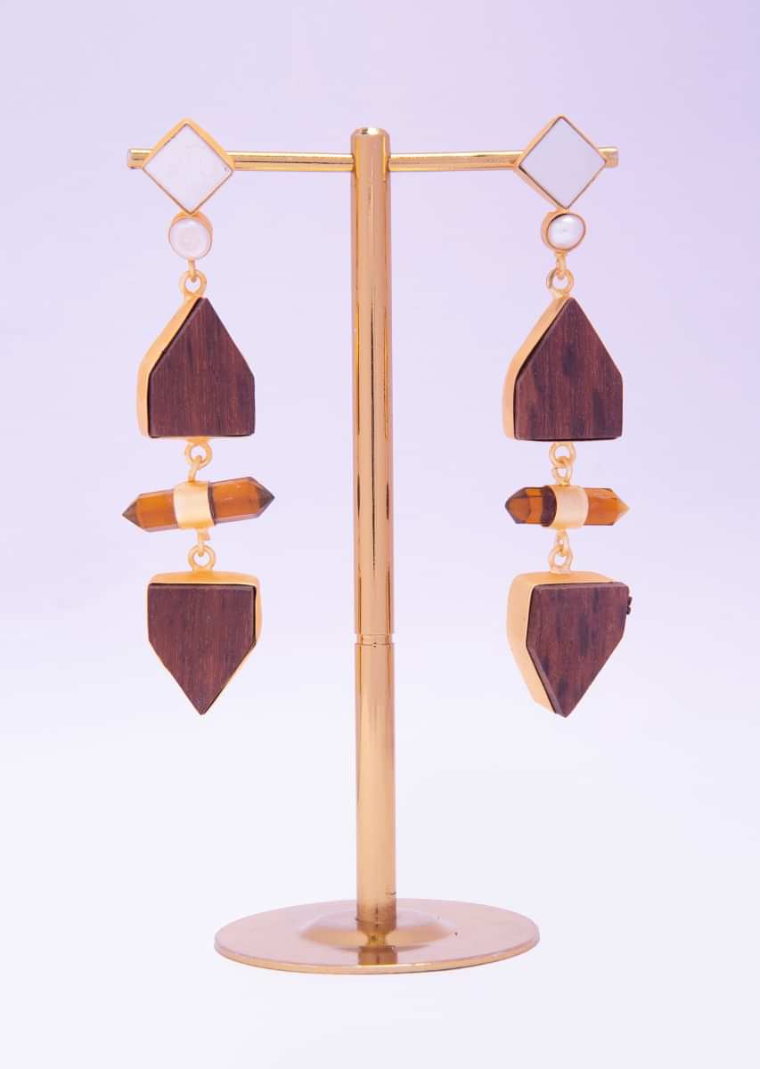 Party wear earring with wooden block and cylindrical bead only on kalki