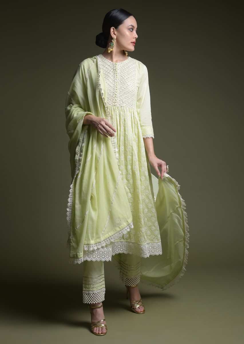 Buy Pastel Green A Line Suit In Cotton With Thread Cut Work Embroidered ...