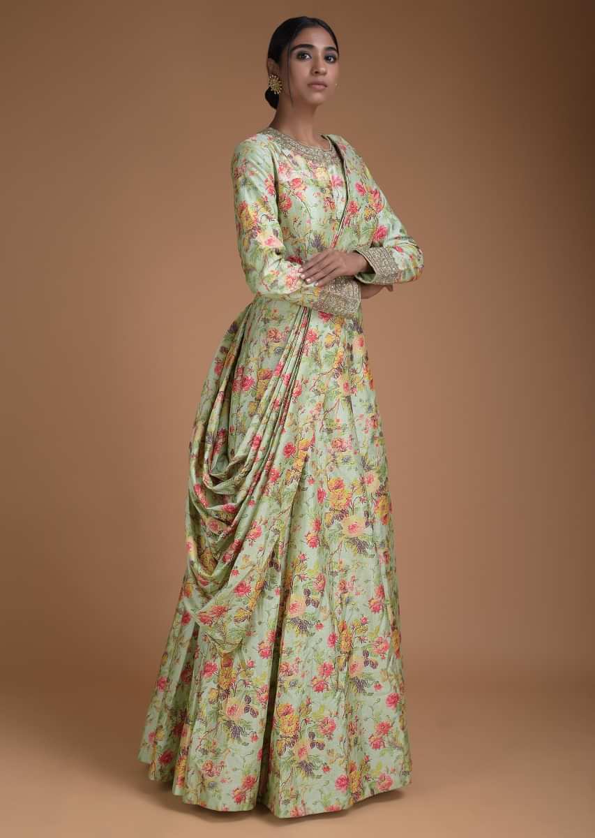 Buy Pastel Green Anarkali Suit In Cotton Silk With Floral Print And ...