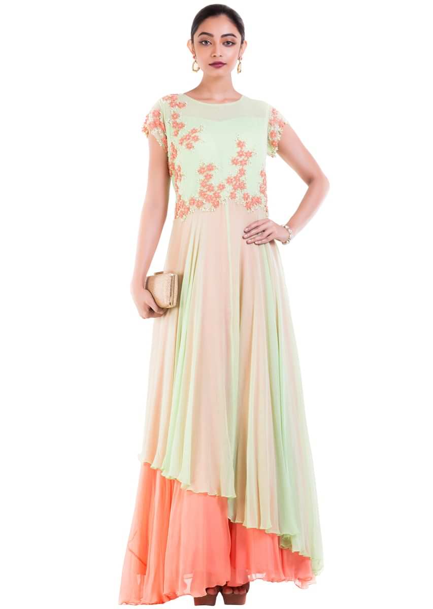 Pastel Green And Orange Double Layer gown