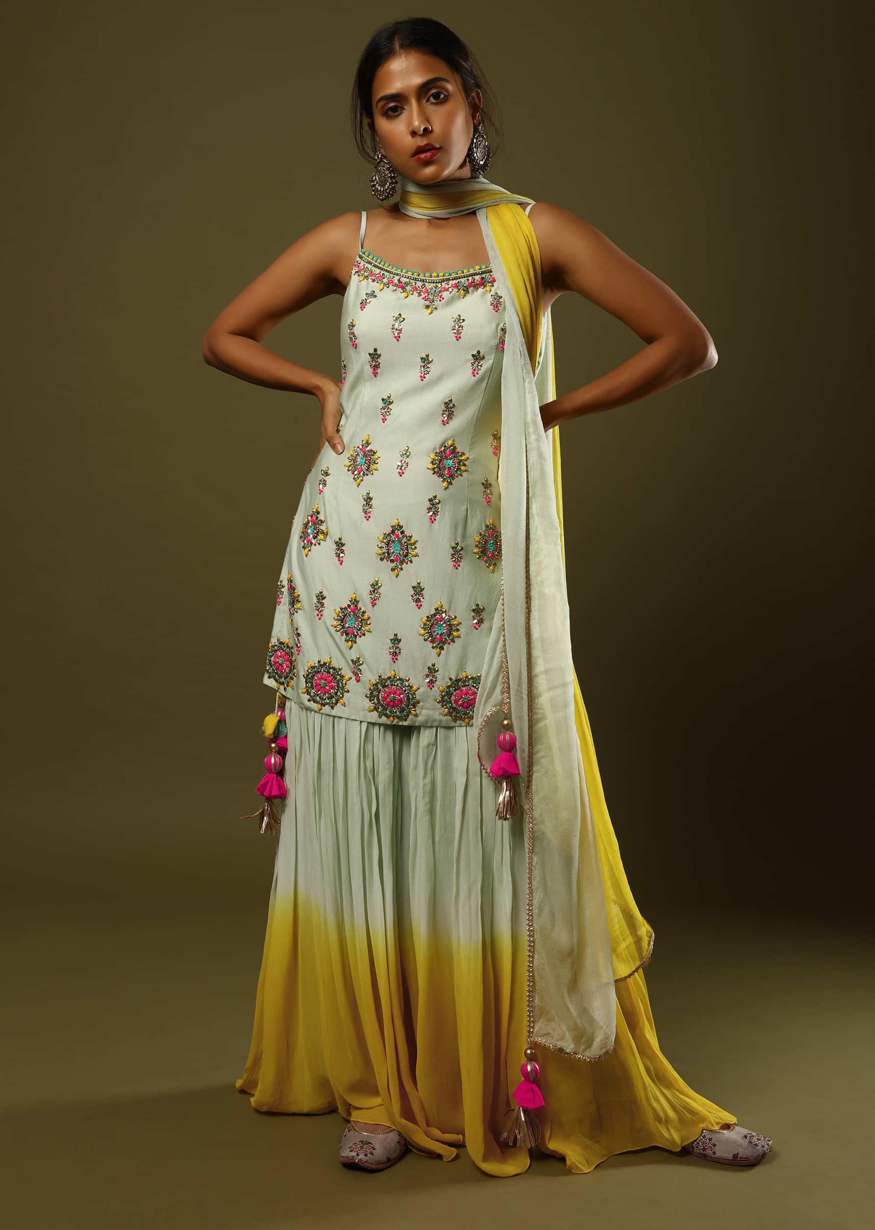 Pastel Green And Yellow Shaded Sharara Suit With Colorful Beads, Sequins And Thread Embroidered Butti Design  
