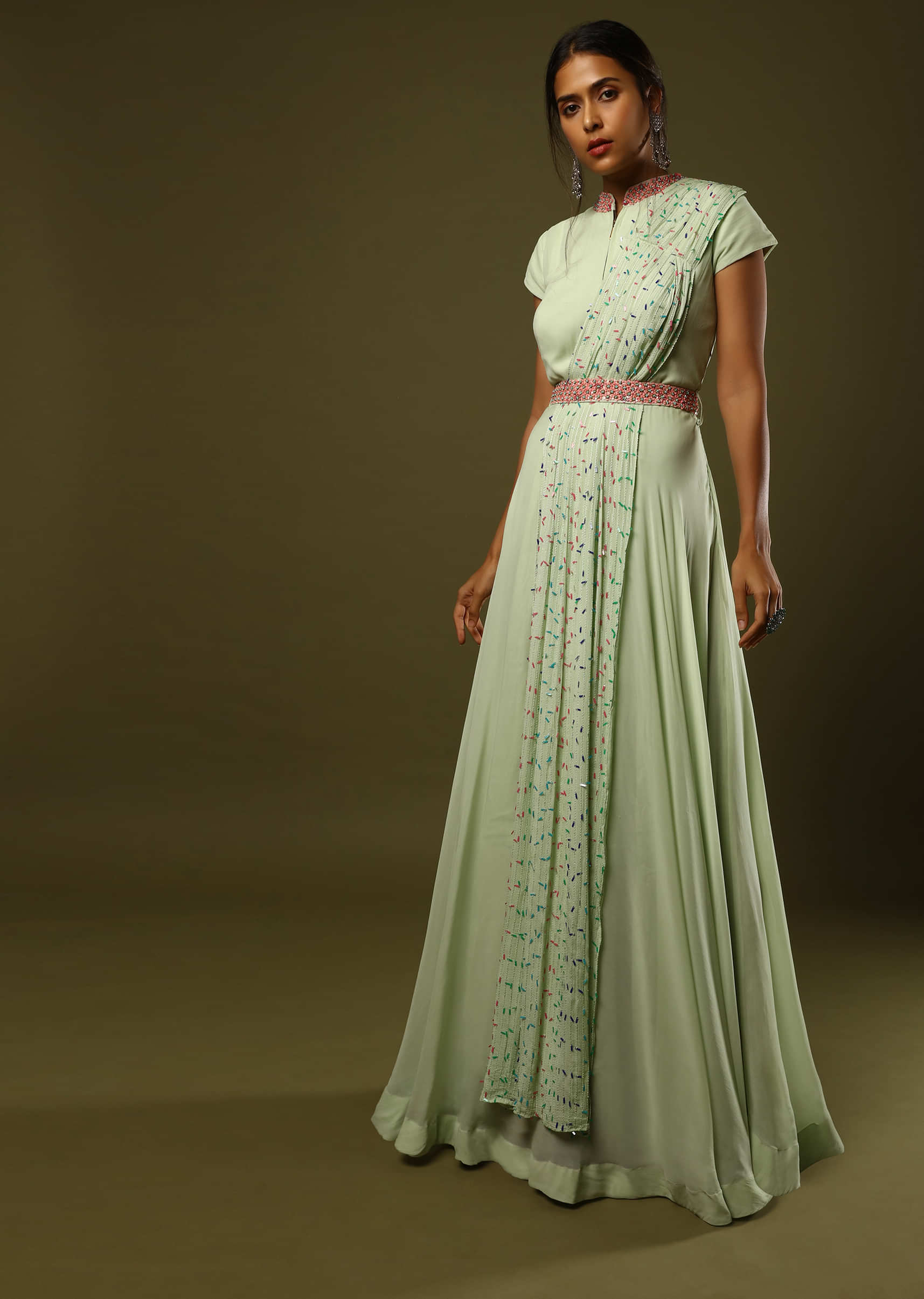 Buy Pastel Green Gown Dress In Georgette With An Attached Drape And  Embroidered Belt With Multi Colored Sequins And Cut Dana Work Online -  Kalki Fashion