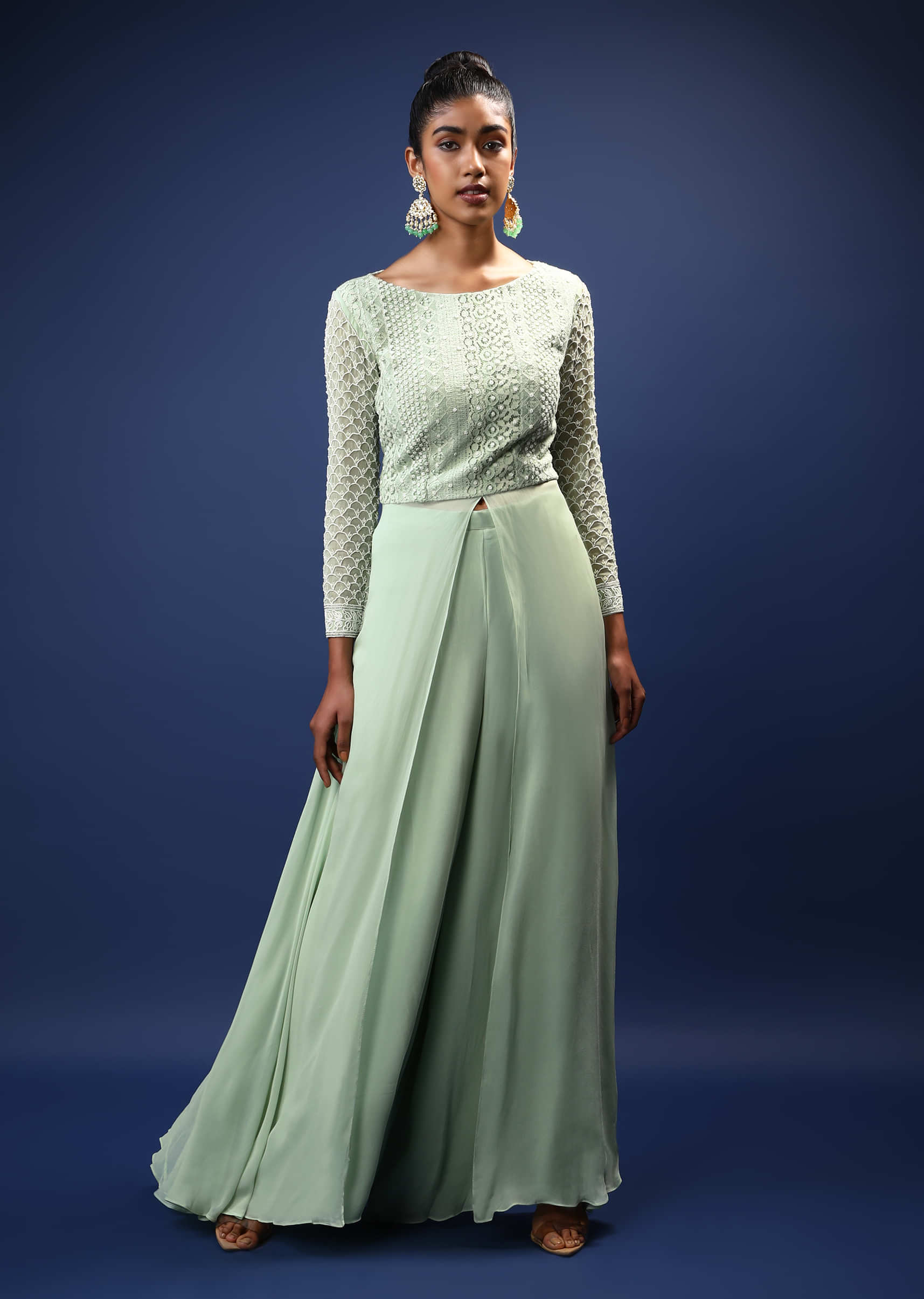 Pastel Green Palazzo Suit In Georgette With A Long Slit Top In Crochet Lace Adorned In Moti Bead Detailing  