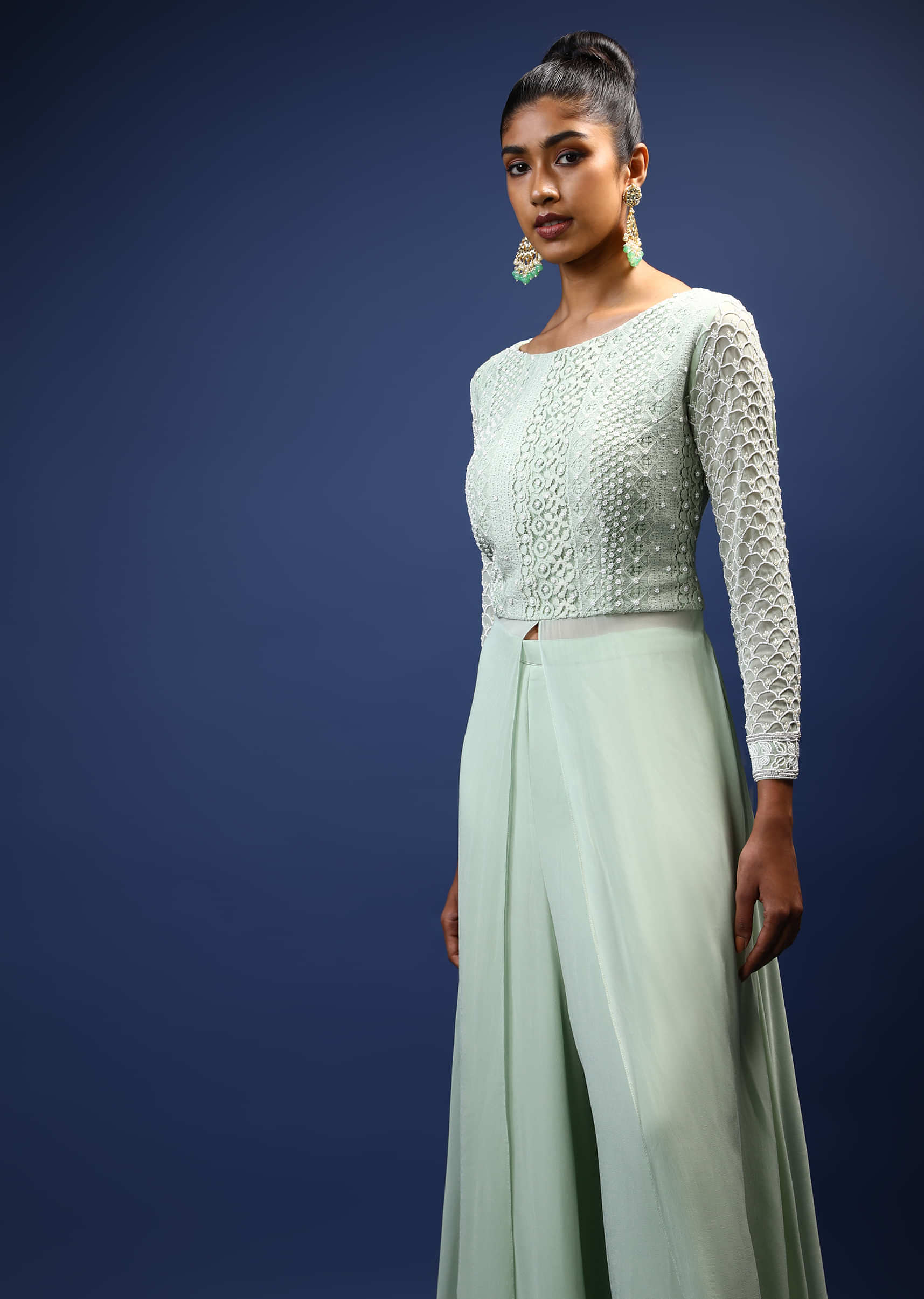 Pastel Green Palazzo Suit In Georgette With A Long Slit Top In Crochet Lace Adorned In Moti Bead Detailing  