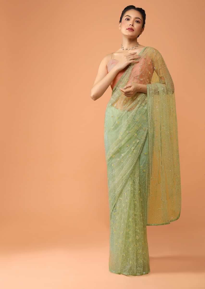 Pastel Green Saree In Net With Sequins And Cut Dana Embroidered Floral Jaal Design