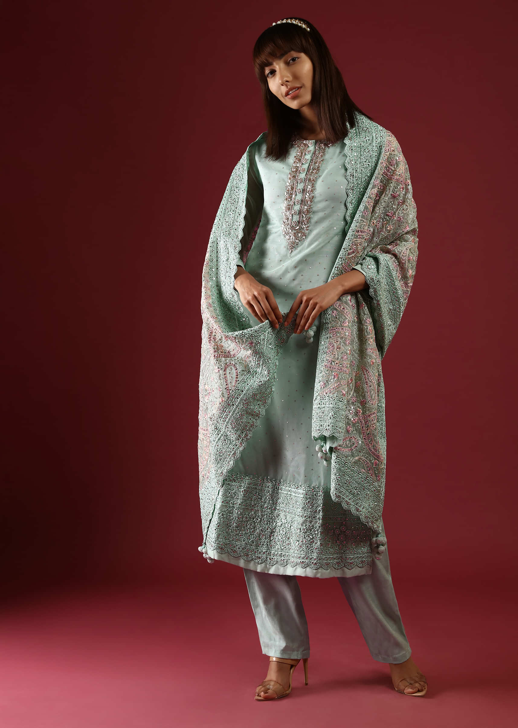 Pastel Green Straight Cut Suit With Zardosi Work On The Yoke And An Organza Dupatta With Multicolor Thread Work In Paisley And Floral Jaal  
