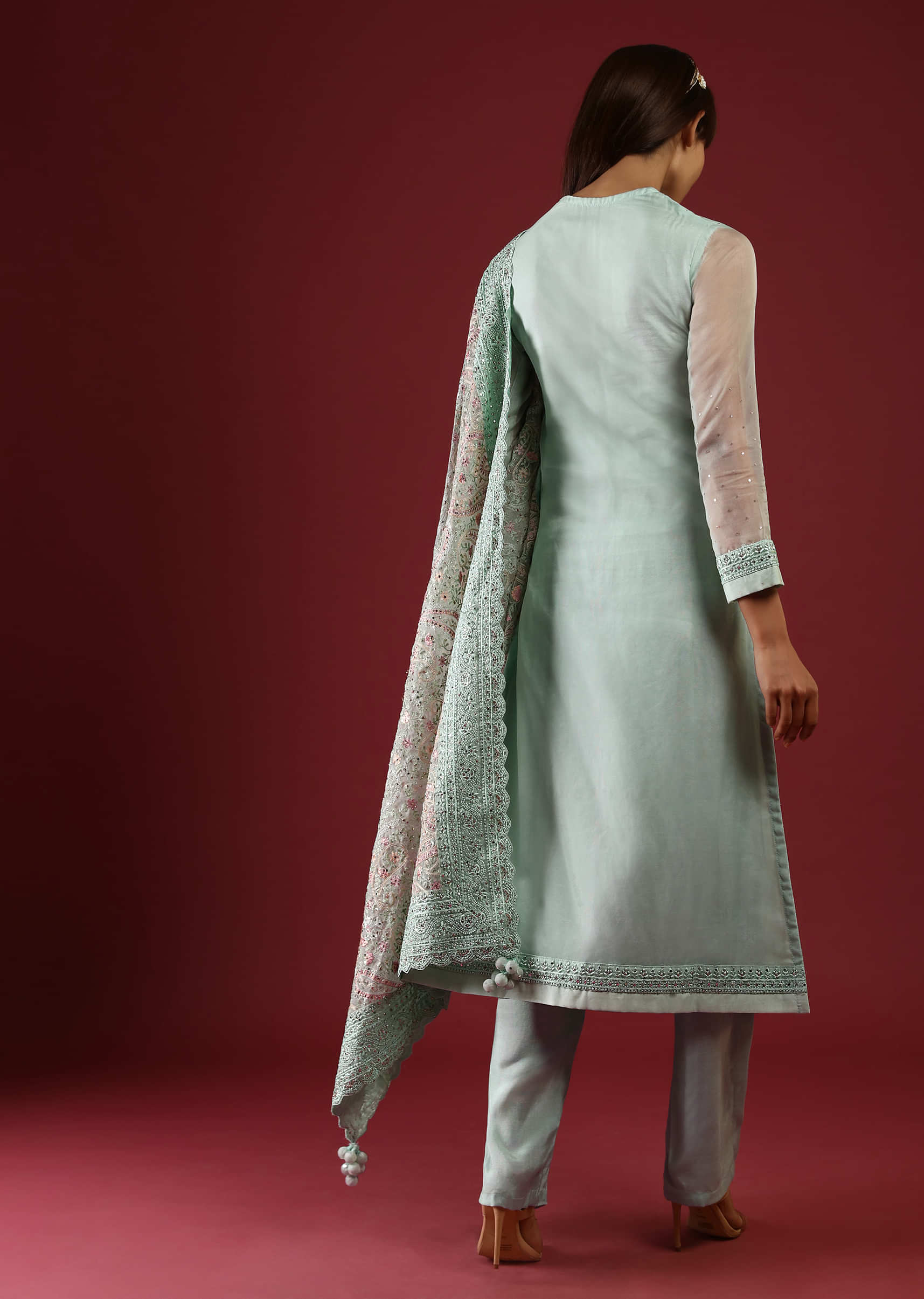 Pastel Green Straight Cut Suit With Zardosi Work On The Yoke And An Organza Dupatta With Multicolor Thread Work In Paisley And Floral Jaal  