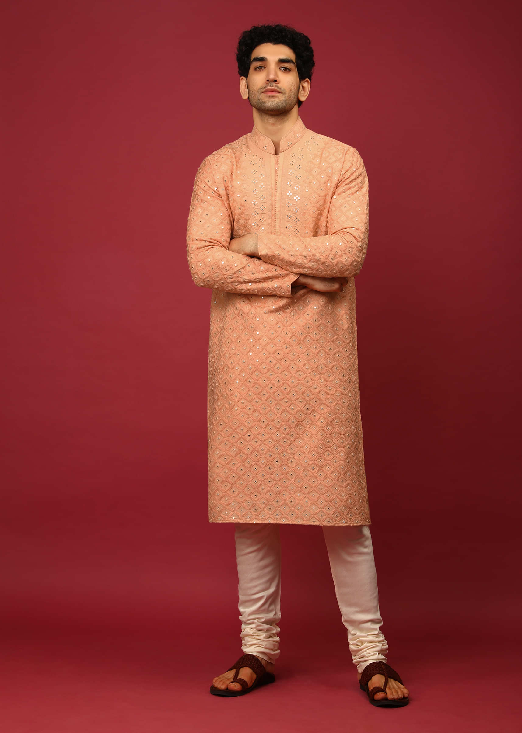 Pastel Peach Kurta Set In Raw Silk Heavily Embroidered With Resham And Mirror Embroidered Geometric Jaal  