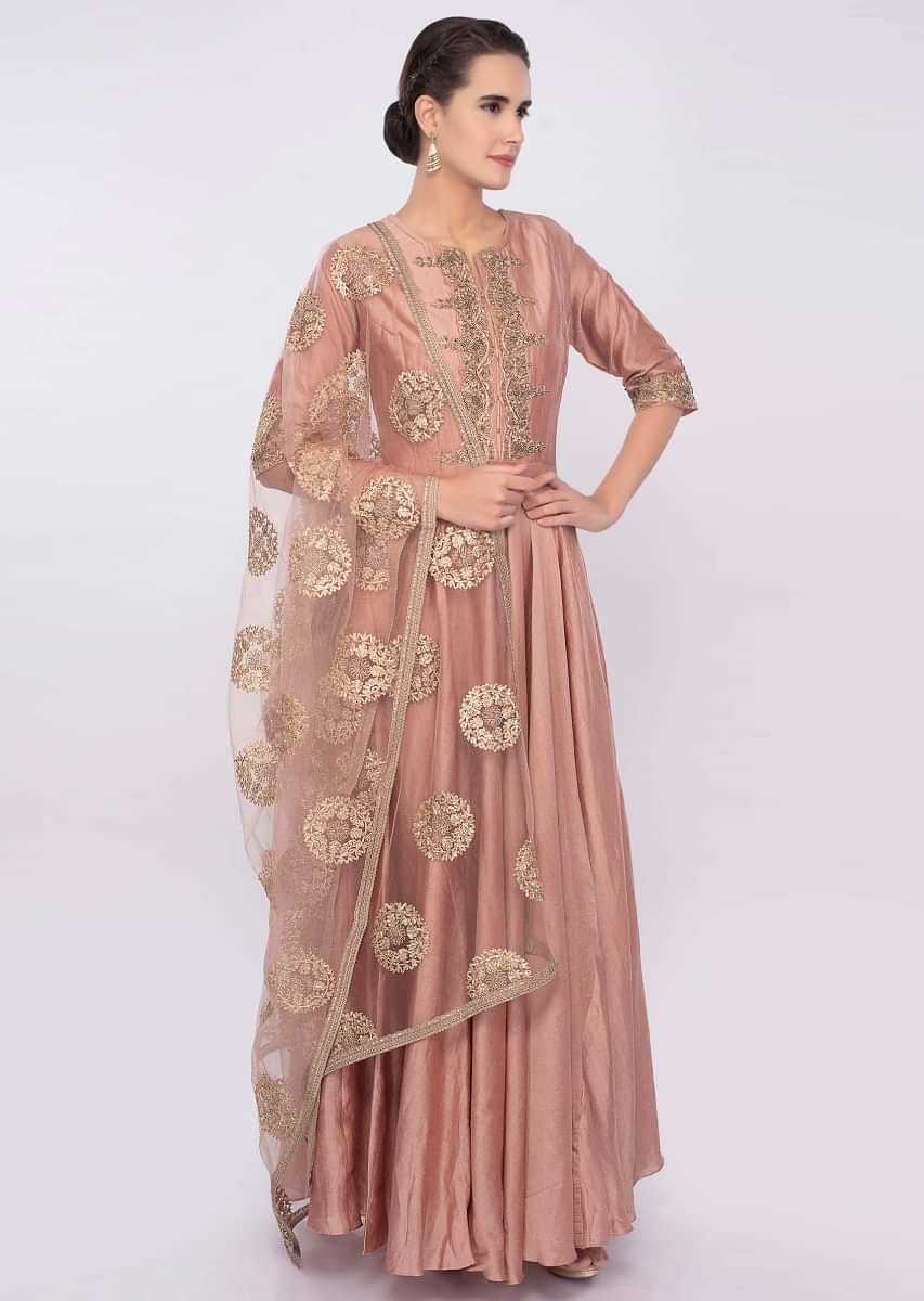 Pastel pink cotton silk anarkali dress with matching net dupatta only on Kalki