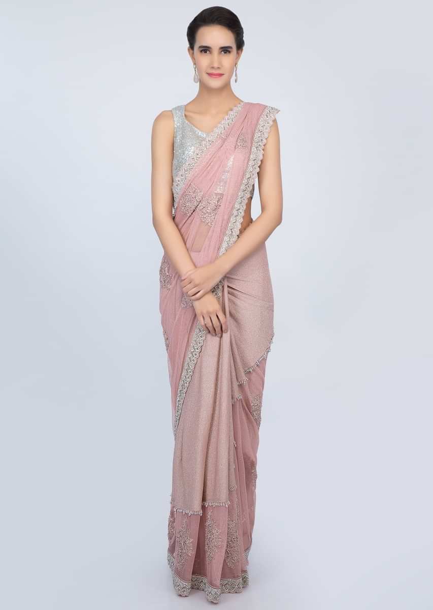 Pastel pink half and half saree in shimmer lycra and hard net with cord  butti only on kalki