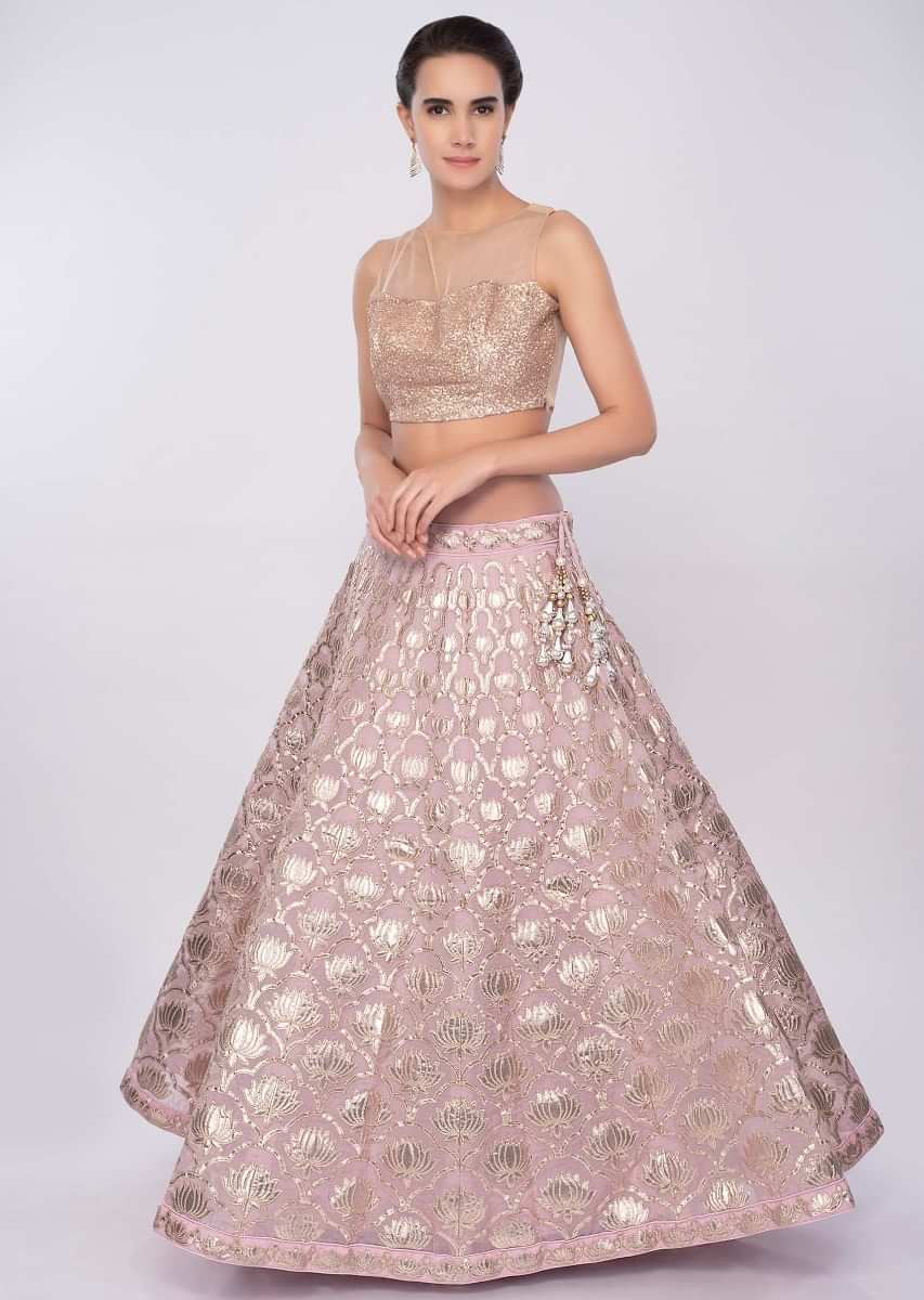 Pastel pink organza lehenga in gotta patch embroidery only on Kalki