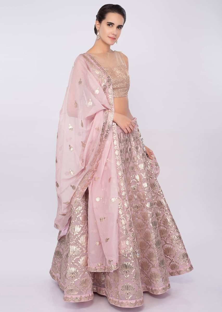 Pastel pink organza lehenga in gotta patch embroidery only on Kalki