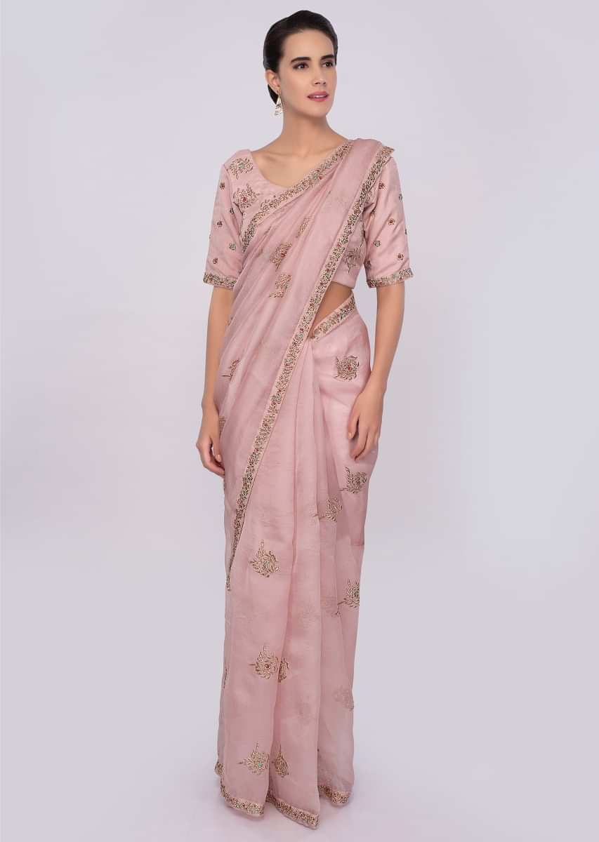 Pastel Pink Organza Saree With Zari Embroidered Butti And Border Online - Kalki Fashion