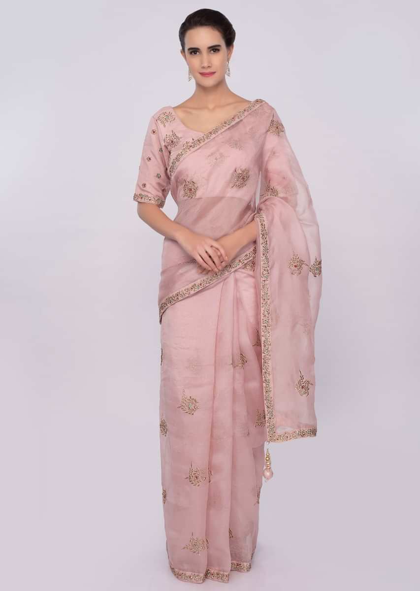 Pastel Pink Organza Saree With Zari Embroidered Butti And Border Online - Kalki Fashion