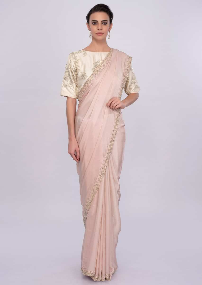 Pastel pink satin chiffon saree with cut dana and moti embroidery and butti only on Kalki