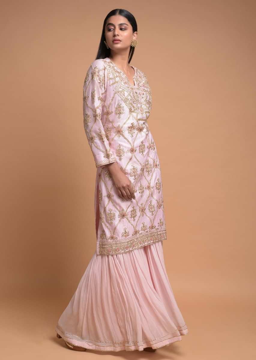 Pastel Pink Sharara Suit In Cotton Adorned With Gotta Patch Embroidered Floral Pattern  