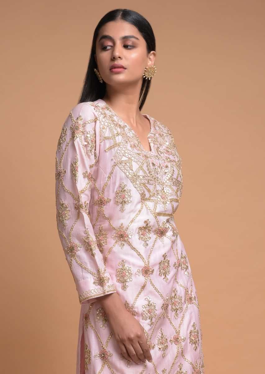 Pastel Pink Sharara Suit In Cotton Adorned With Gotta Patch Embroidered Floral Pattern  