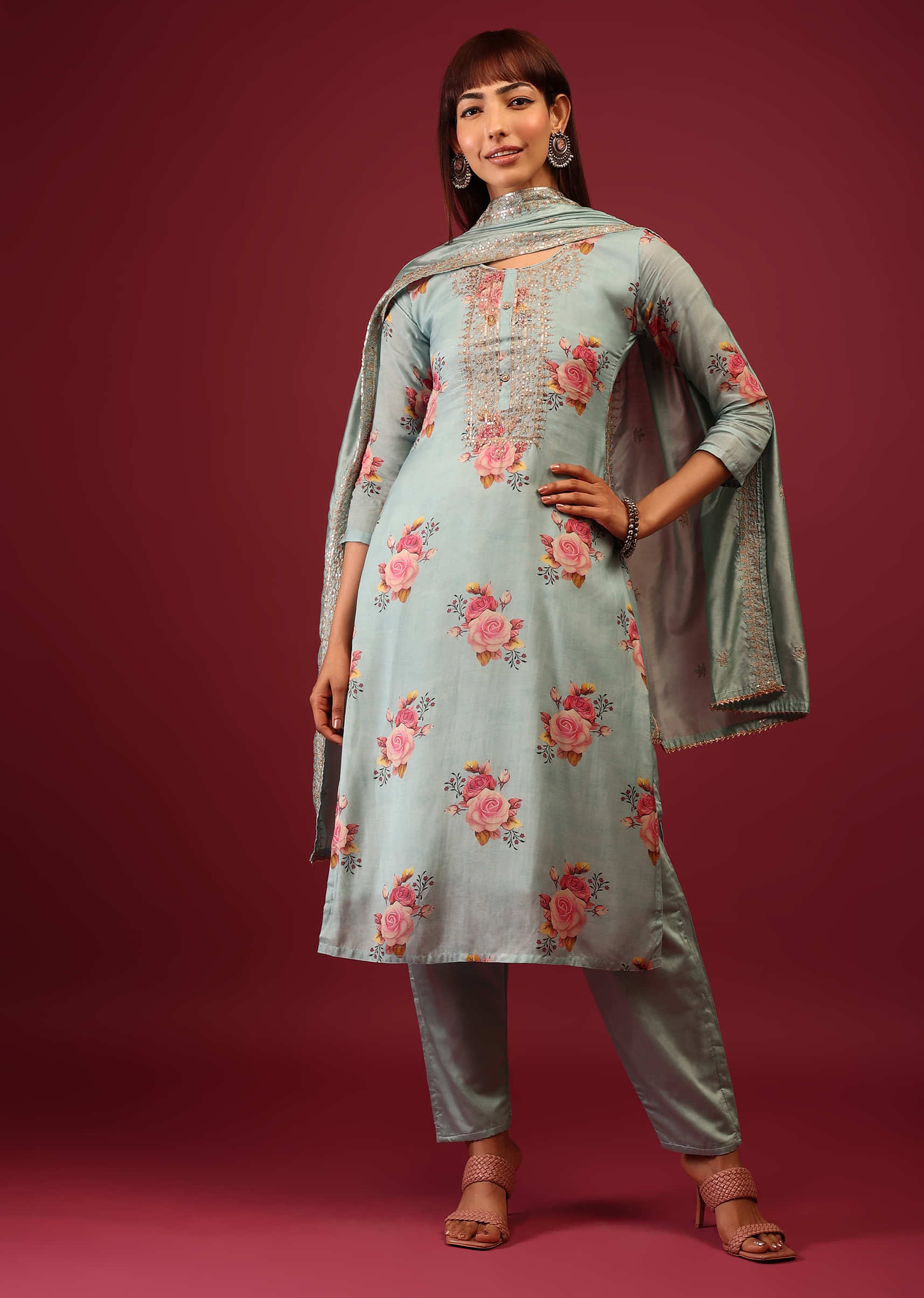 Pastel Blue Floral Print Pant Suit In Straight Cut And U Neckline With Zari Embroidery