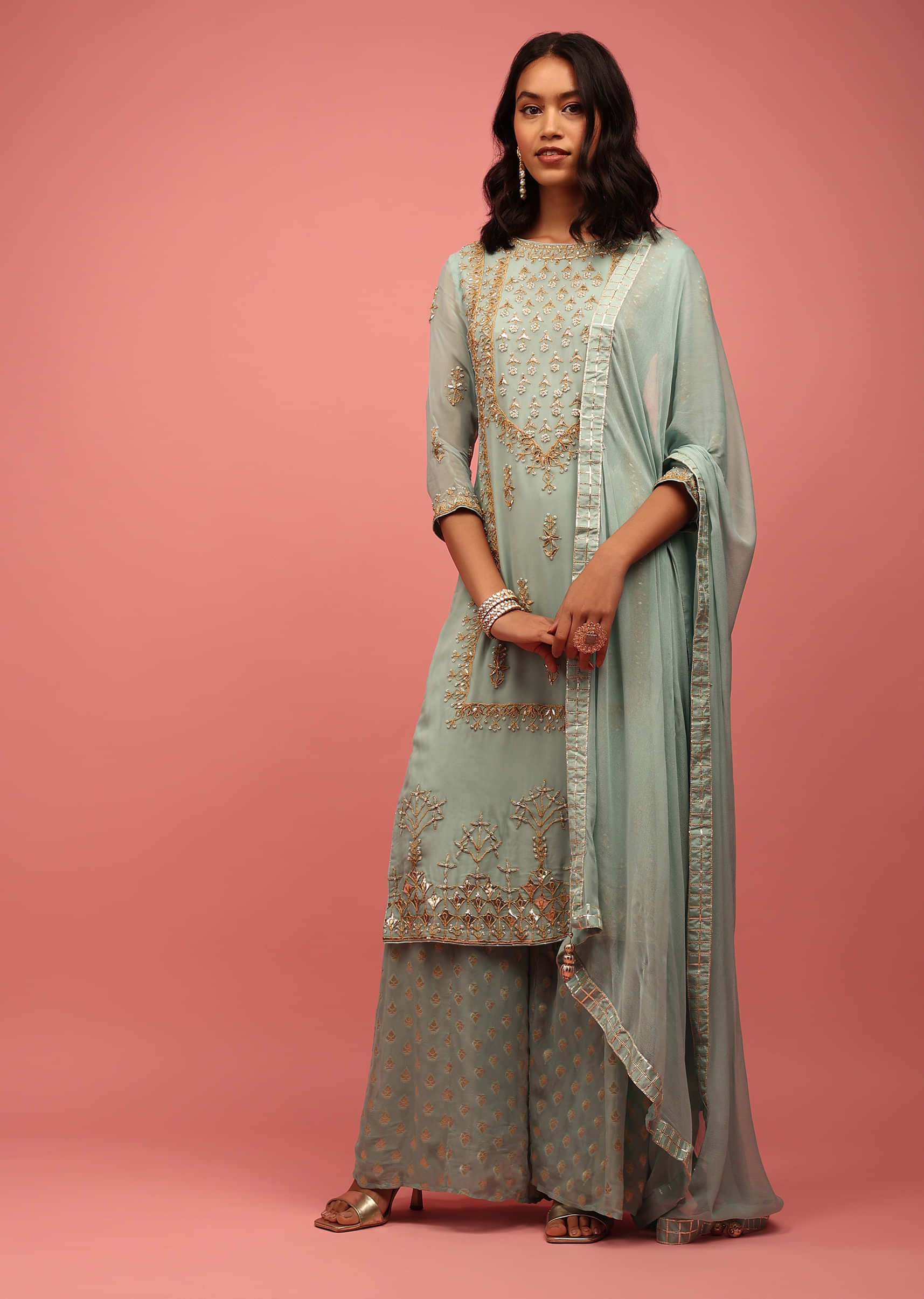 Pastel Blue Georgette Palazzo Suit Handcrafted With Gotta Work, Zardosi And Pearls