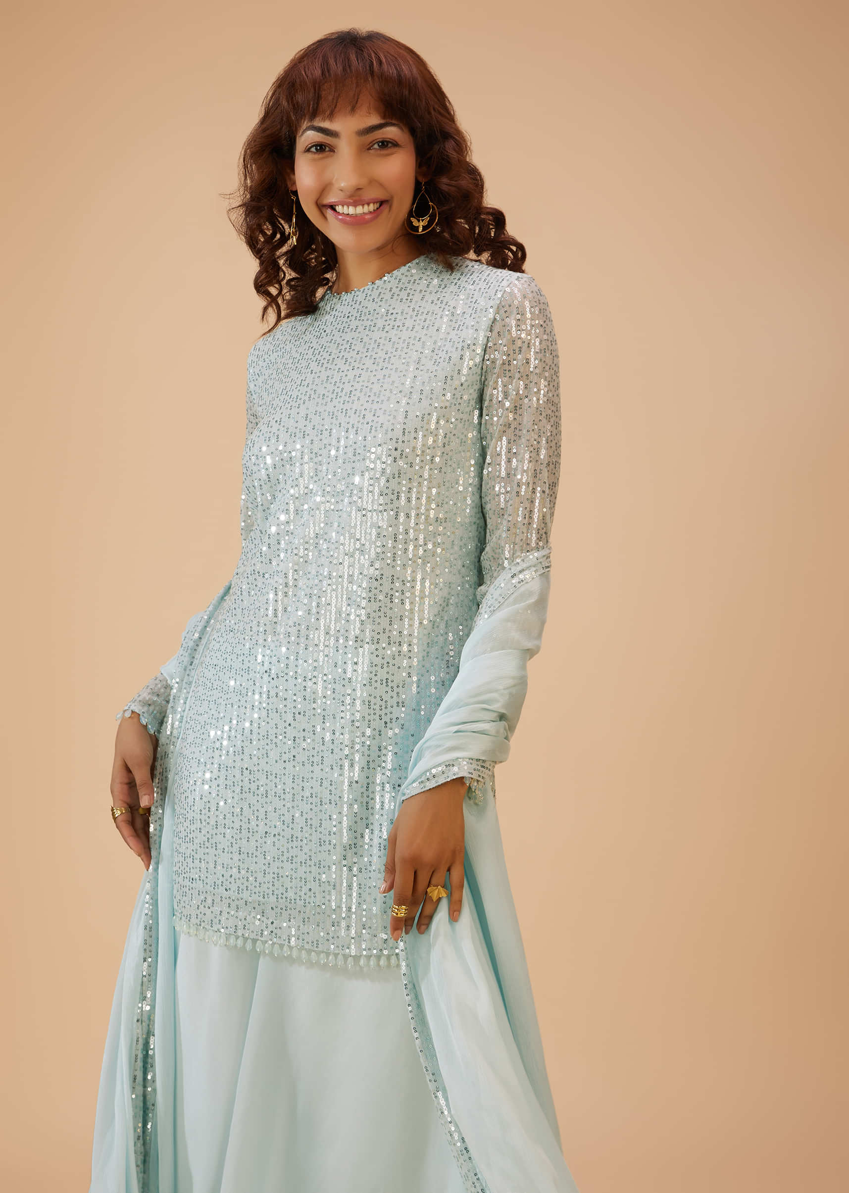 Powder Blue Palazzo Suit Set In Sequin