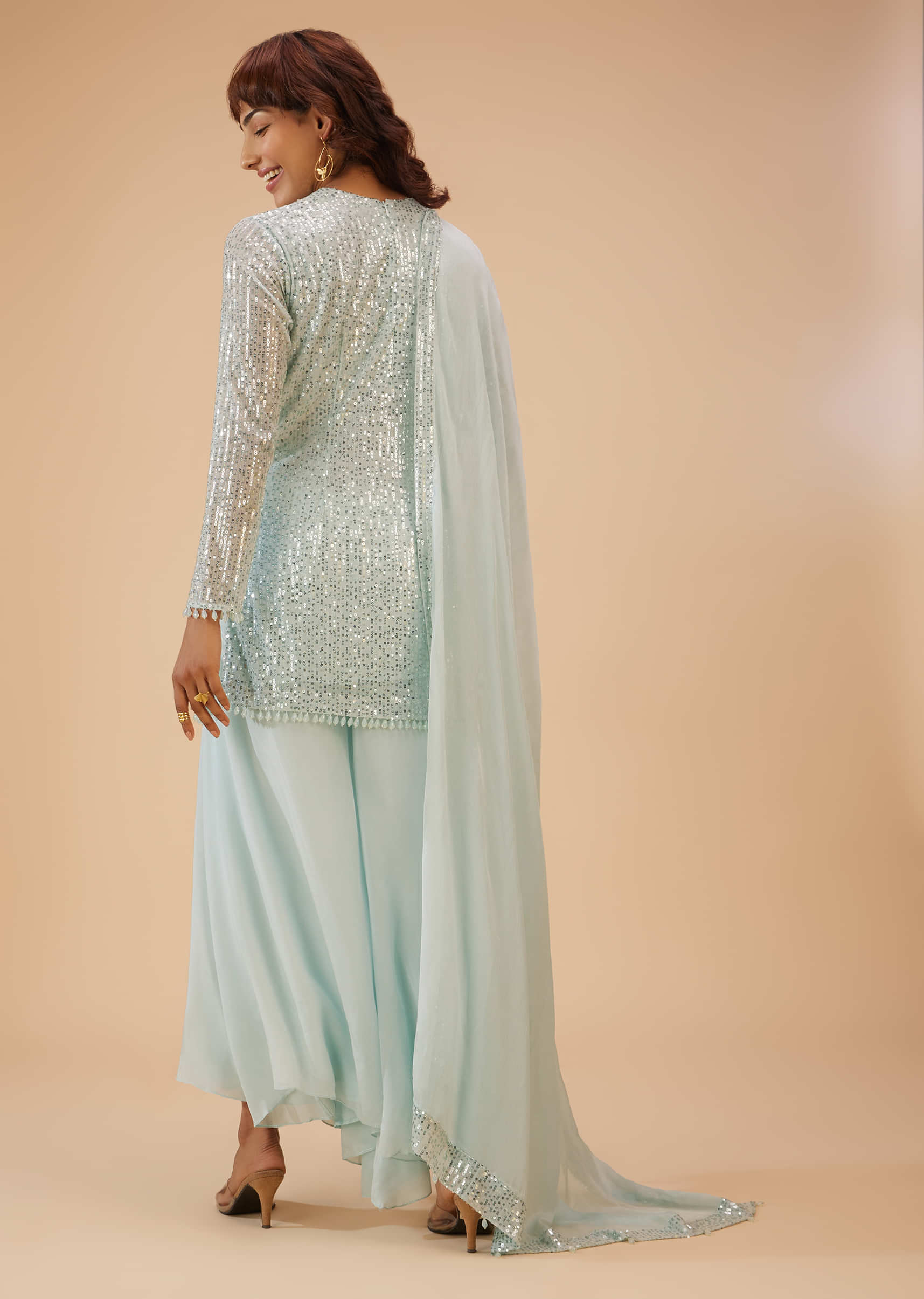 Powder Blue Palazzo Suit Set In Sequin