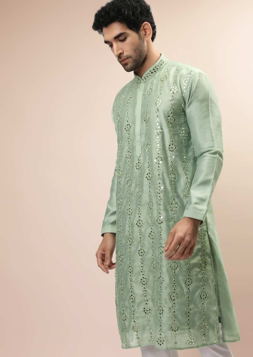 Pastel Green Kurta Set In Raw Silk With Resham And Mirror Embroidered Floral Motifs In Linear Design  