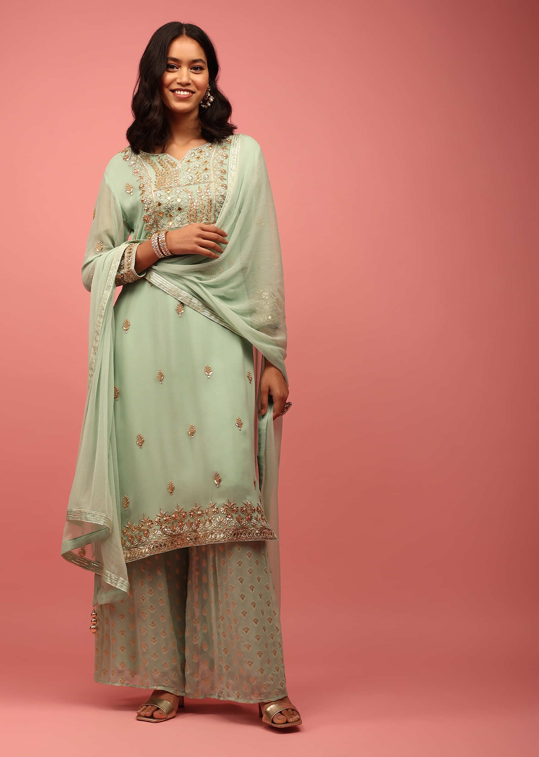 Pastel Green Palazzo Suit Set Hand Embroidered In Georgette With Embroidery