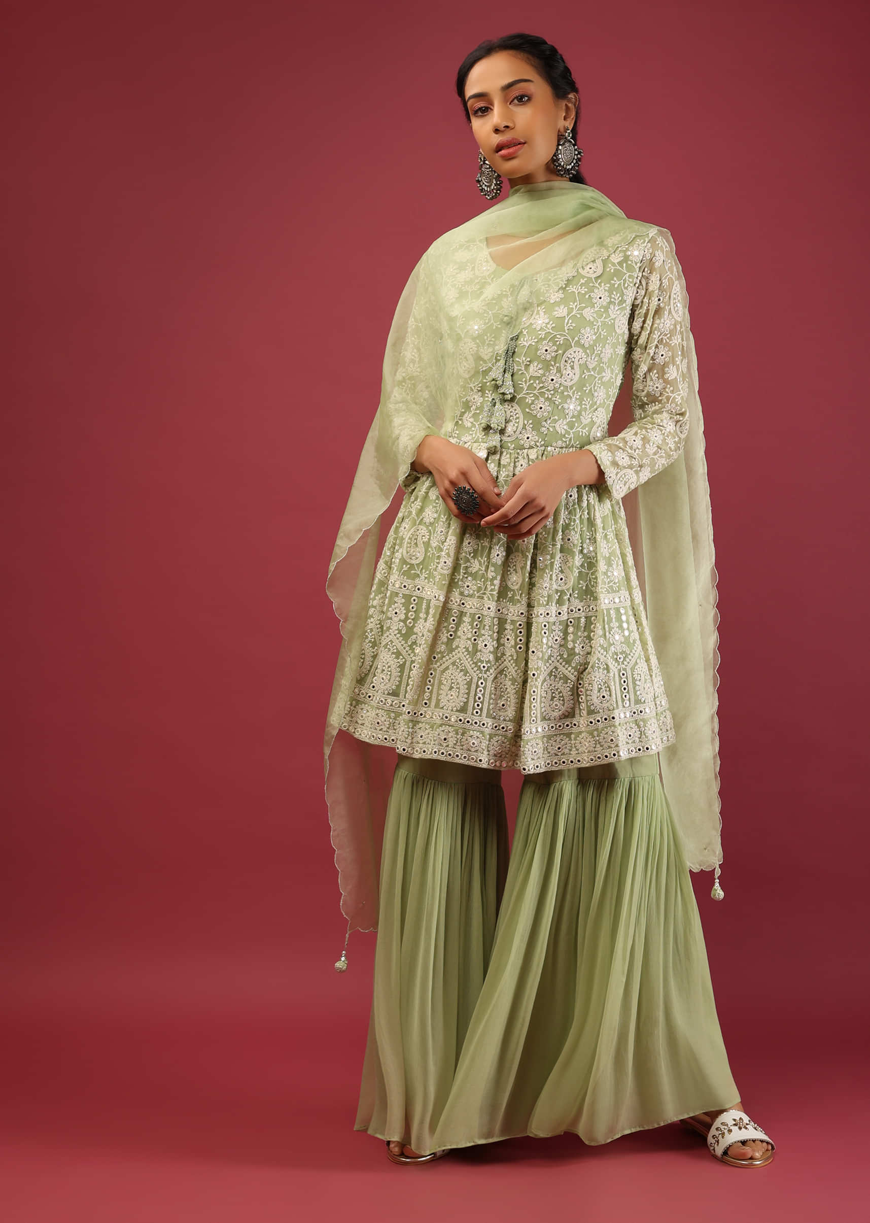 Pastel Green Sharara And Peplum Suit With Lucknowi Thread Embroidered Floral And Paisley Jaal  
