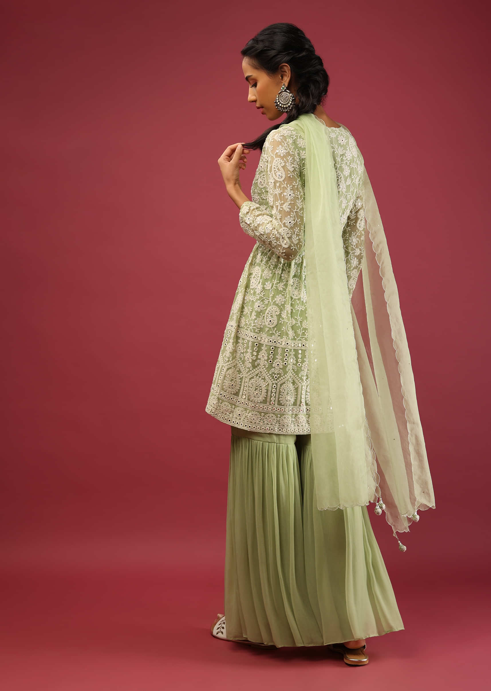 Pastel Green Sharara And Peplum Suit With Lucknowi Thread Embroidered Floral And Paisley Jaal  