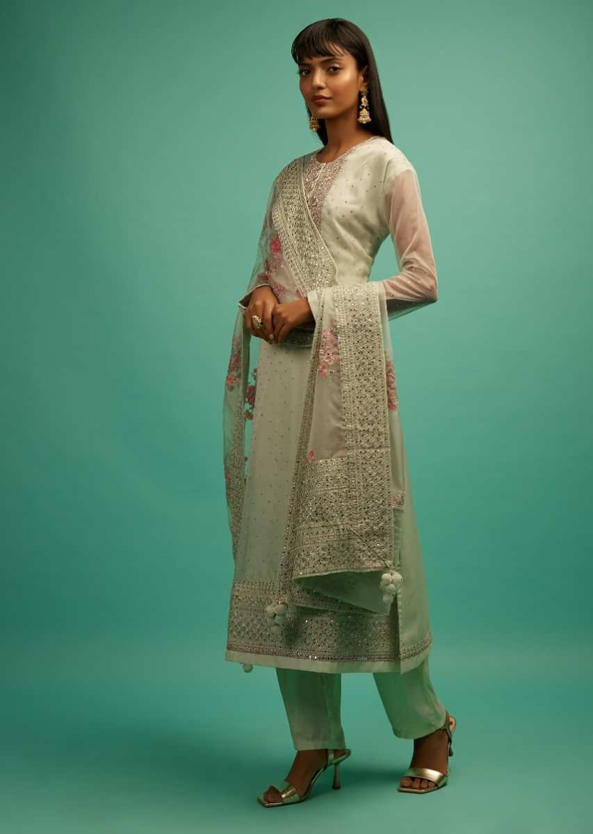 Pastel Green Straight Cut Suit With Zardosi Embroidered Floral Motifs On The Yoke And Multi Colored Resham Flowers On The Organza Dupatta  