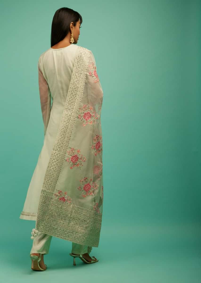 Pastel Green Straight Cut Suit With Zardosi Embroidered Floral Motifs On The Yoke And Multi Colored Resham Flowers On The Organza Dupatta  