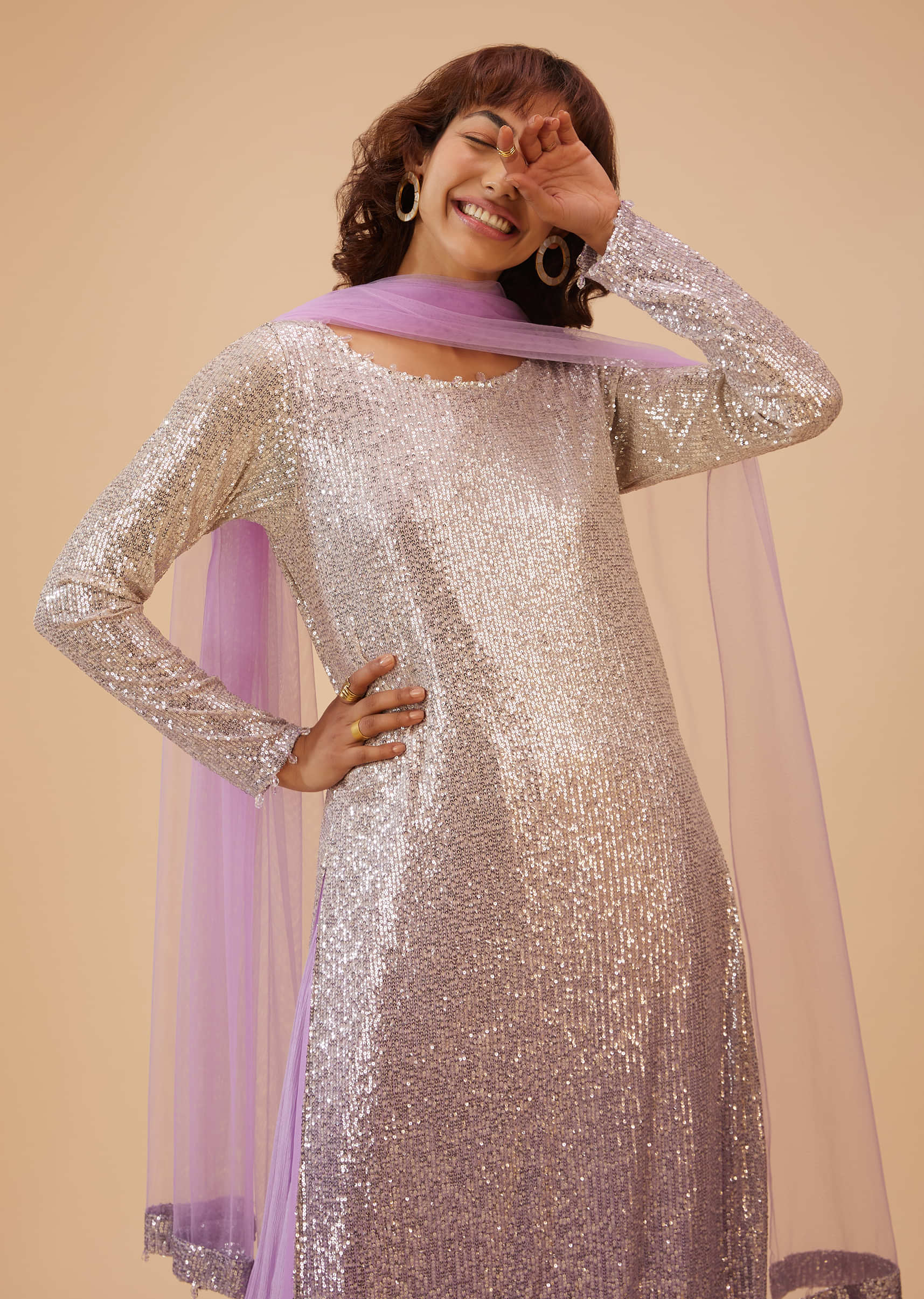 Lilac Purple Palazzo Suit Set In Sequin