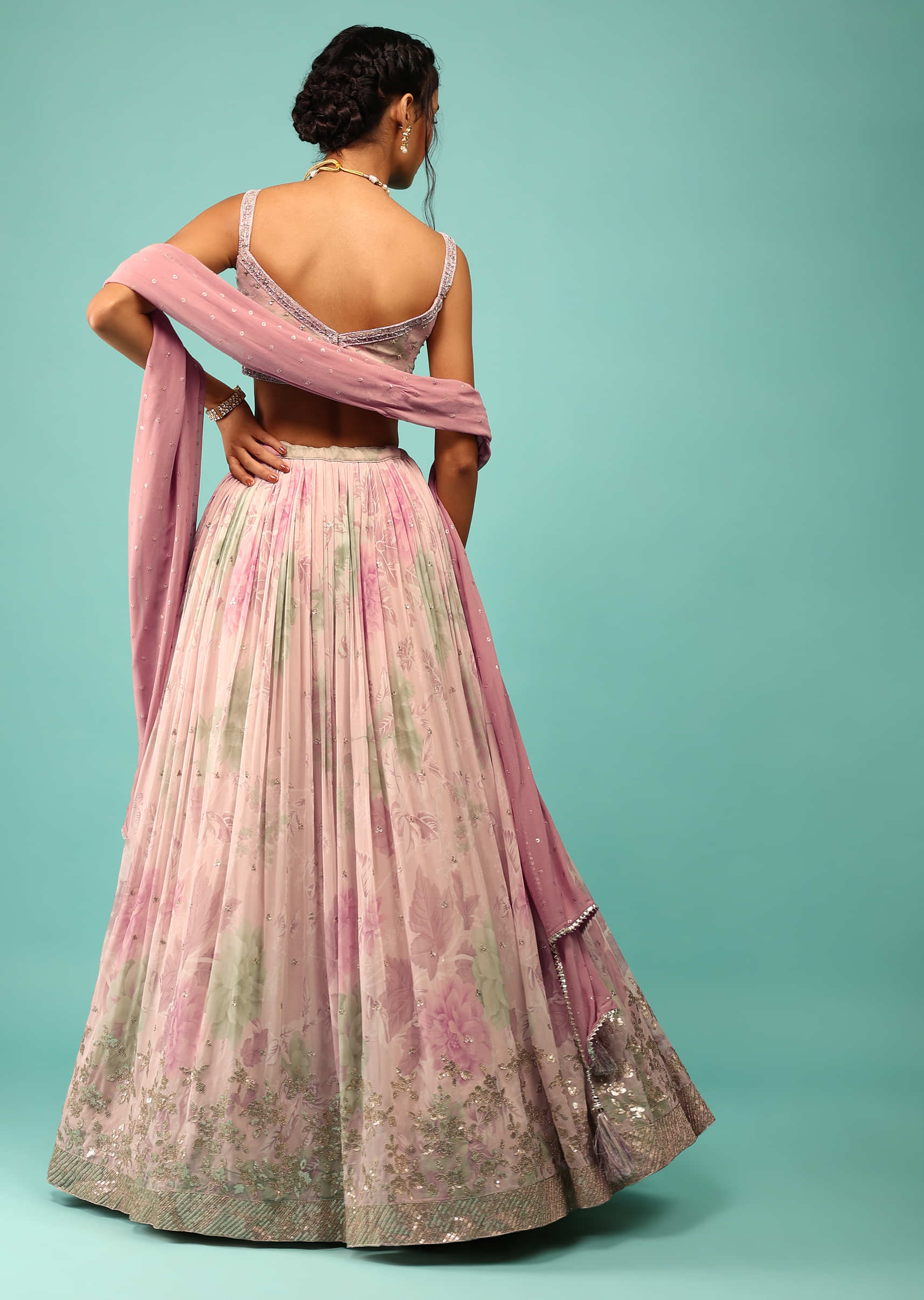 Onion Pink Lehenga In Georgette With Floral Print And Embroidery