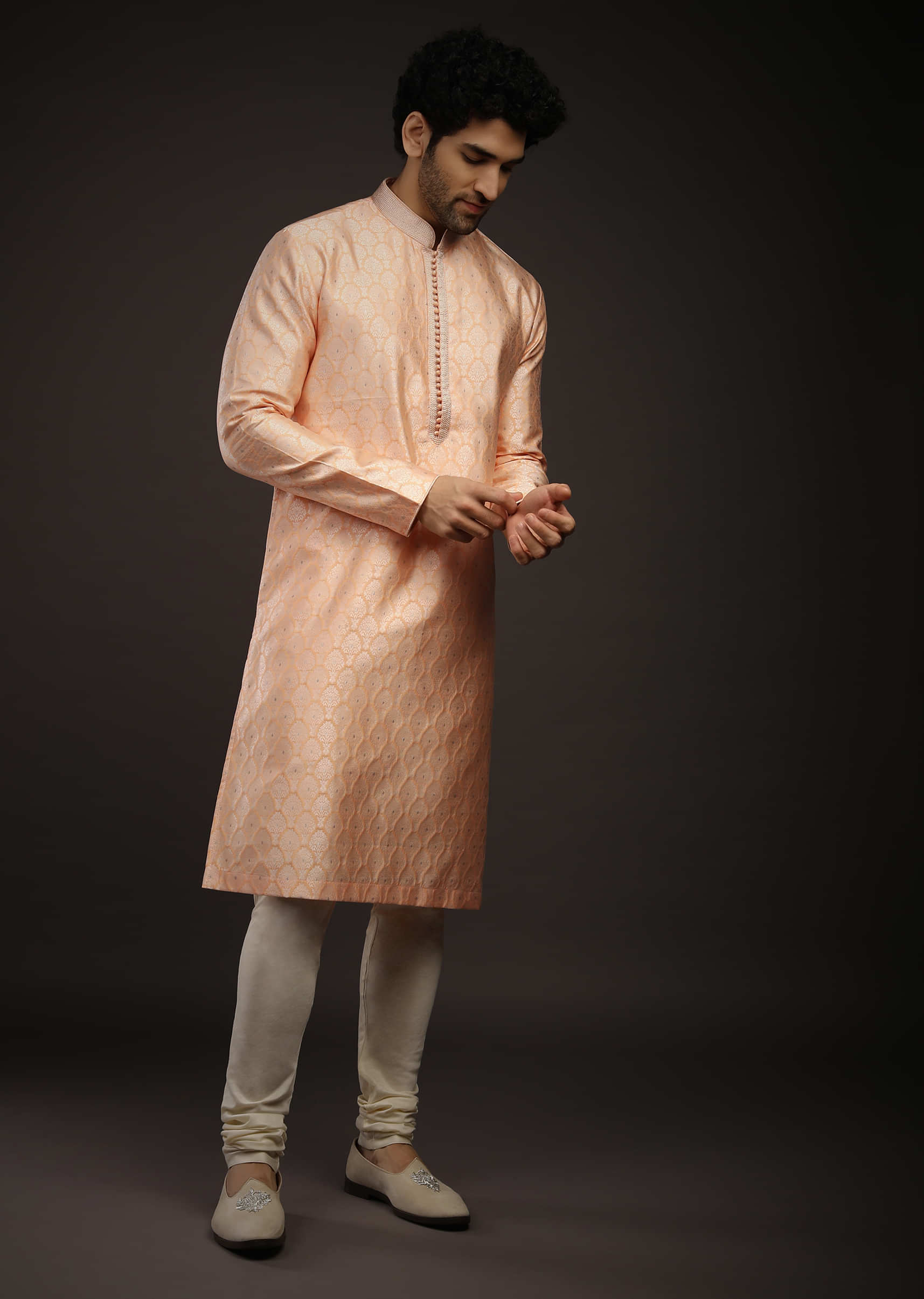 Pastel Peach Kurta Set In Brocade Silk With Woven Design All Over And Zari Work On The Placket