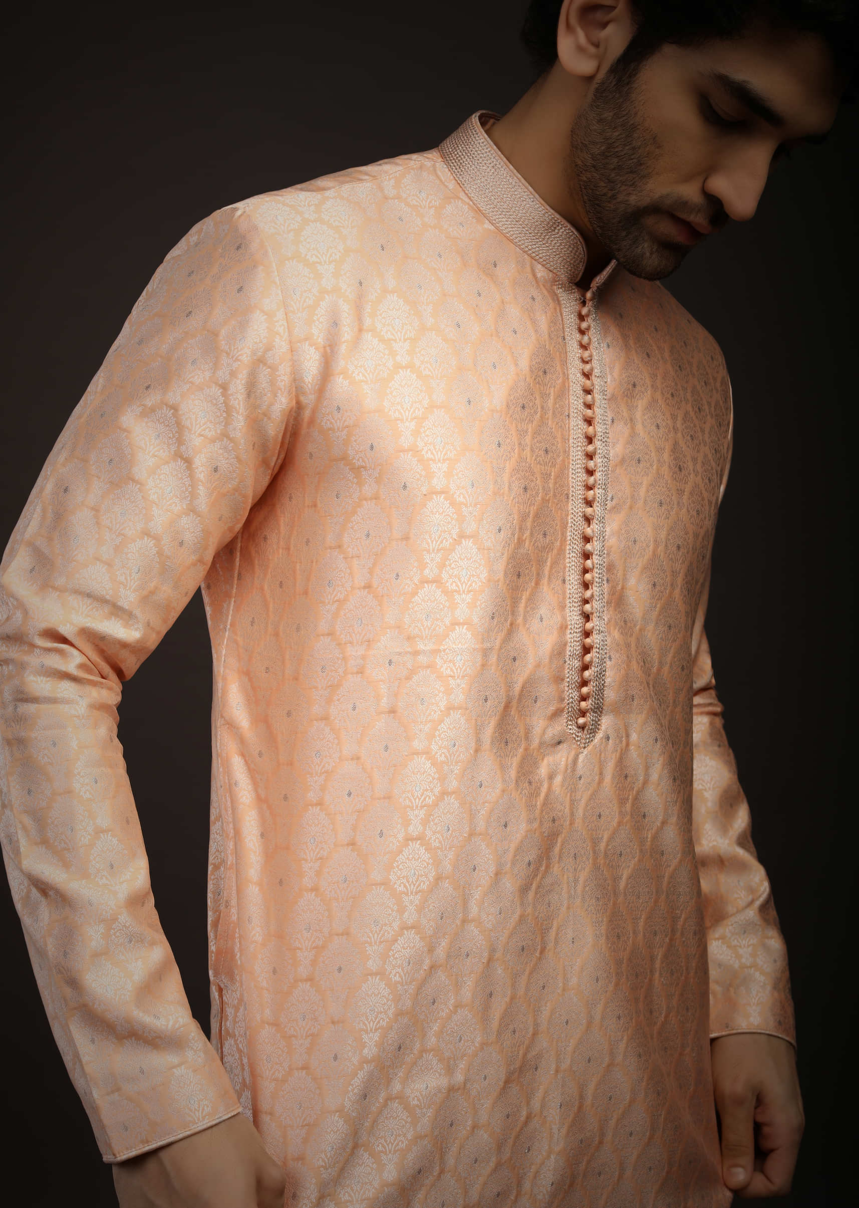 Pastel Peach Kurta Set In Brocade Silk With Woven Design All Over And Zari Work On The Placket