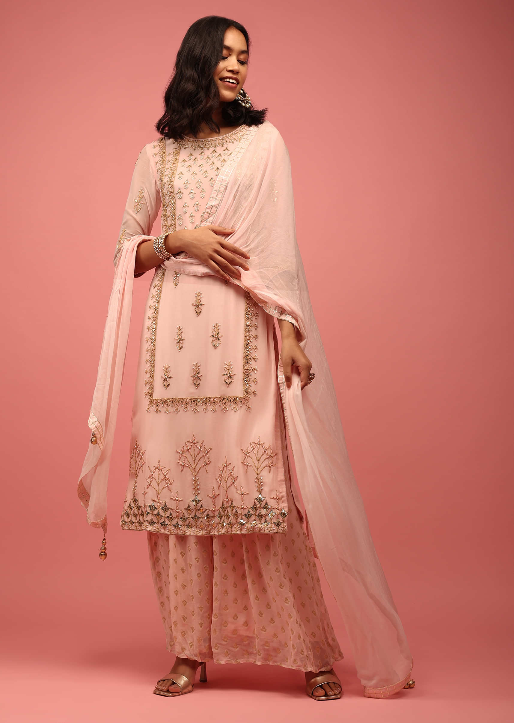 Pastel Peach Palazzo Suit Fully-Handcrafted In Banarasi Georgette With Zardosi, Pearls, And Gotta Work