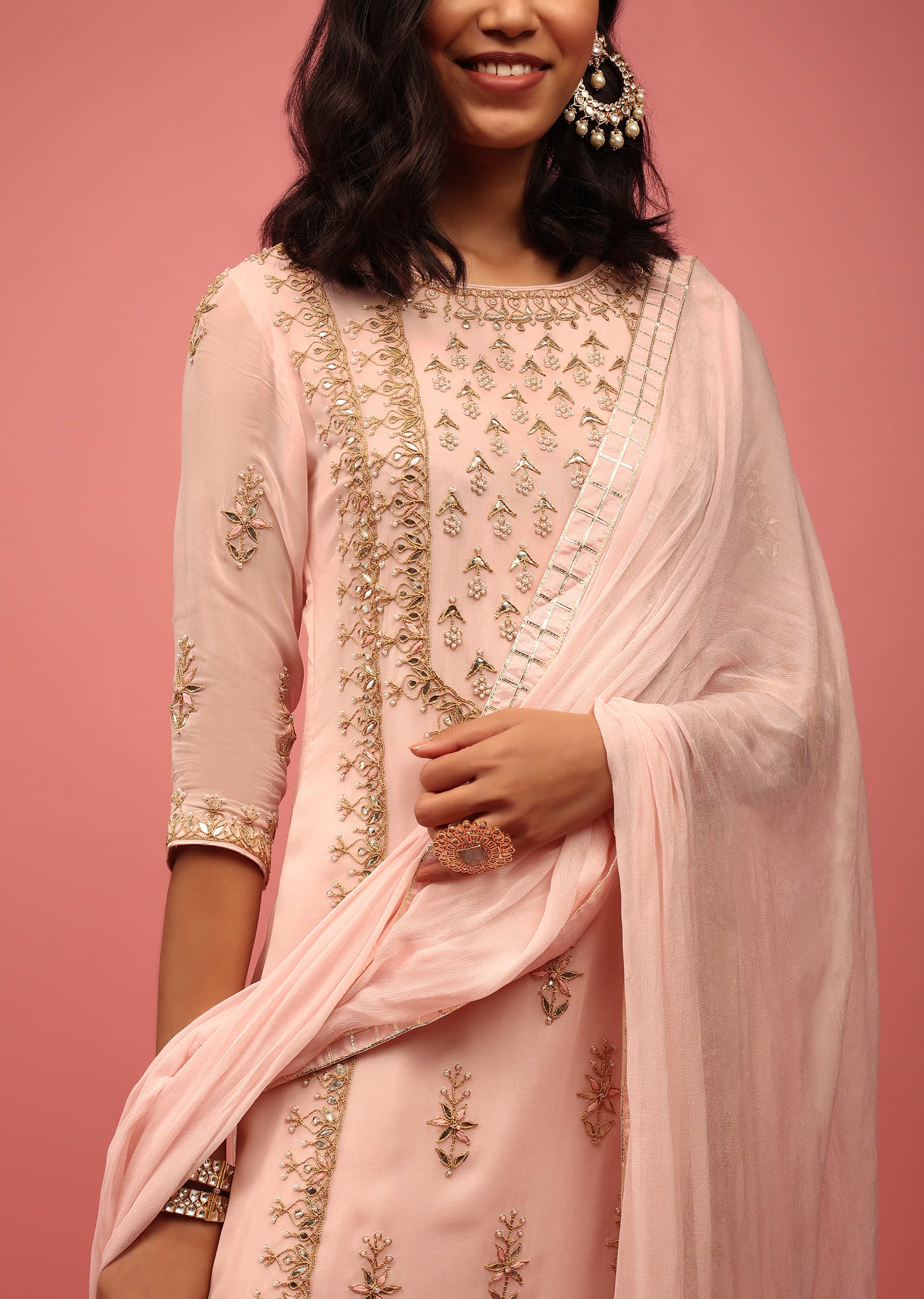 Pastel Peach Palazzo Suit Fully-Handcrafted In Banarasi Georgette With Embroidery