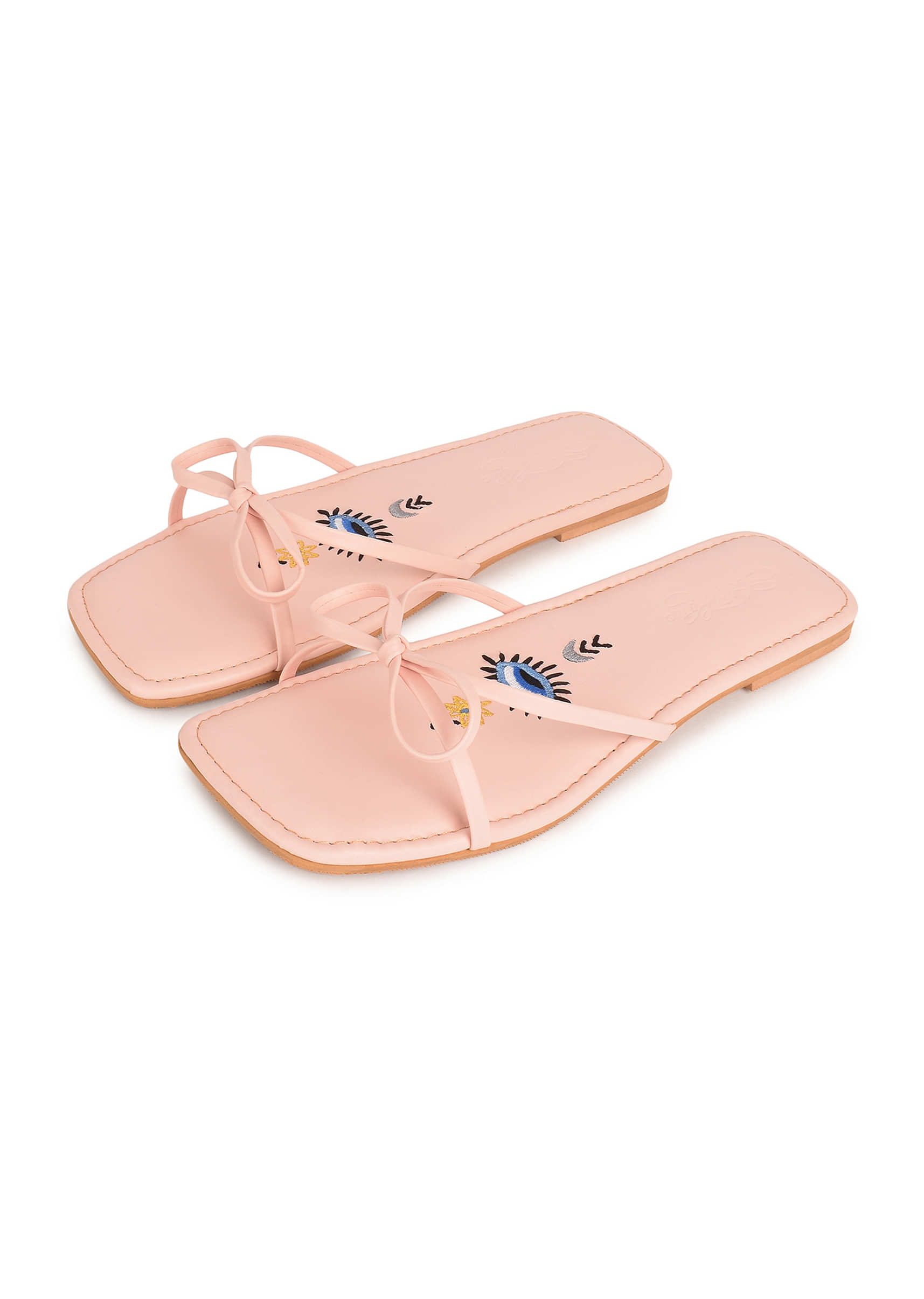 Pastel Pink Flats With Bow Detailing And Evil Eye Motif By Sole House